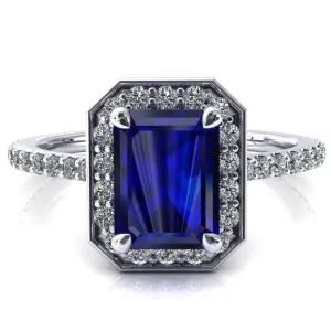 Valma Emerald Blue Sapphire Floating Diamond Halo and Sides Ring