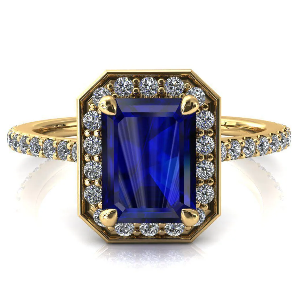 Valma Emerald Blue Sapphire Floating Diamond Halo and Sides Ring
