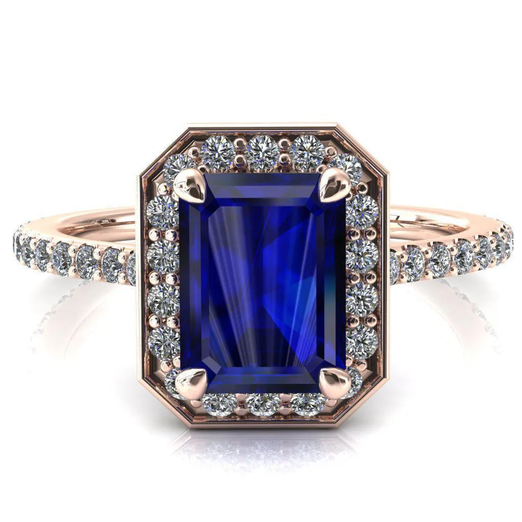 Valma Emerald Blue Sapphire Floating Diamond Halo and Sides Ring