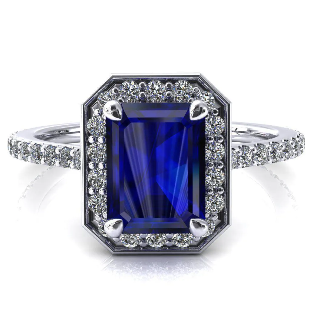 Valma Emerald Blue Sapphire Floating Diamond Halo and Sides Ring