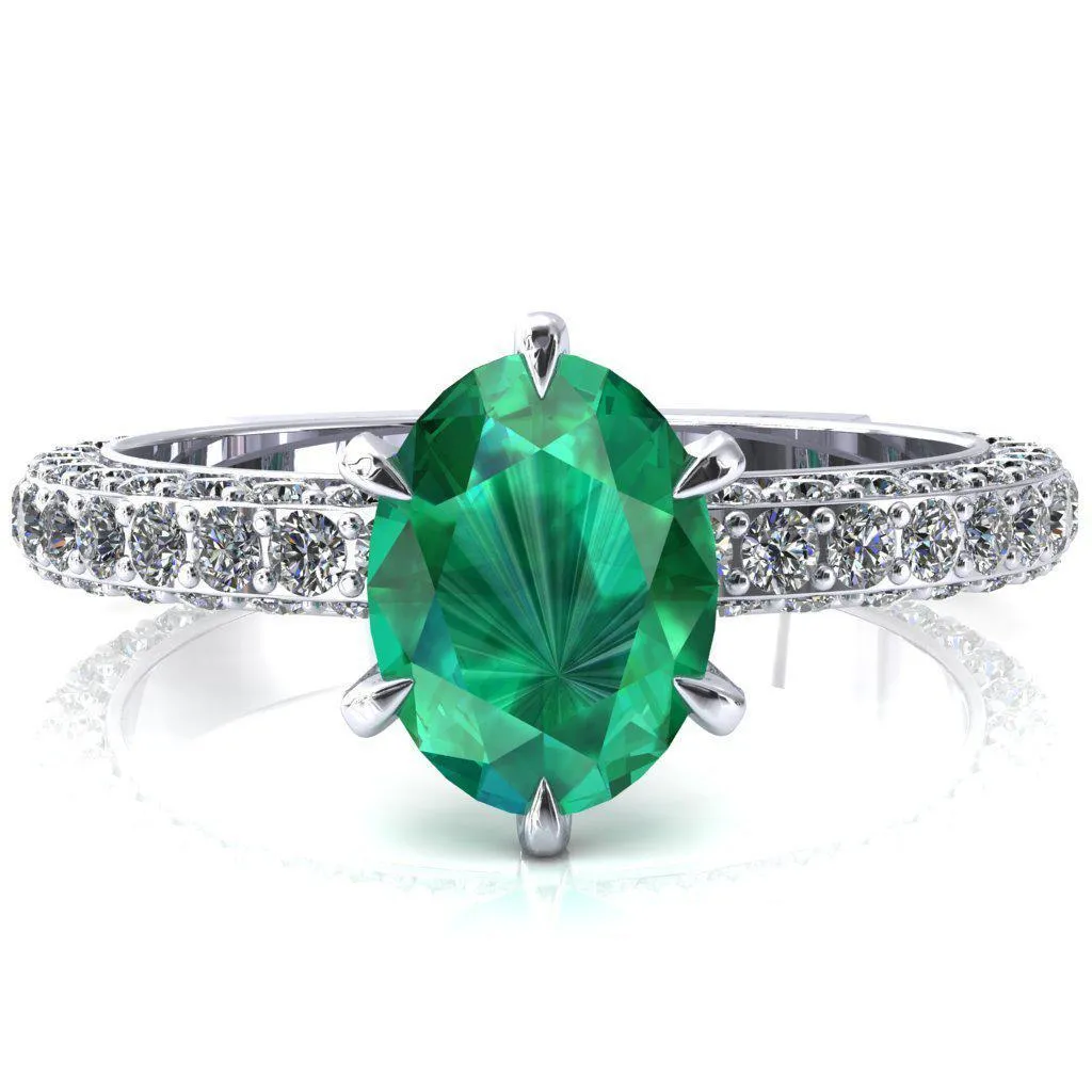 Vanessa Oval Emerald 6 Claw Prongs 3/4 Pavé Eternity Engagement Ring