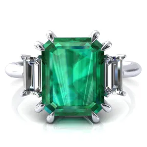 Venice Emerald Emerald with Diamond Baguette 3 Stone Ring