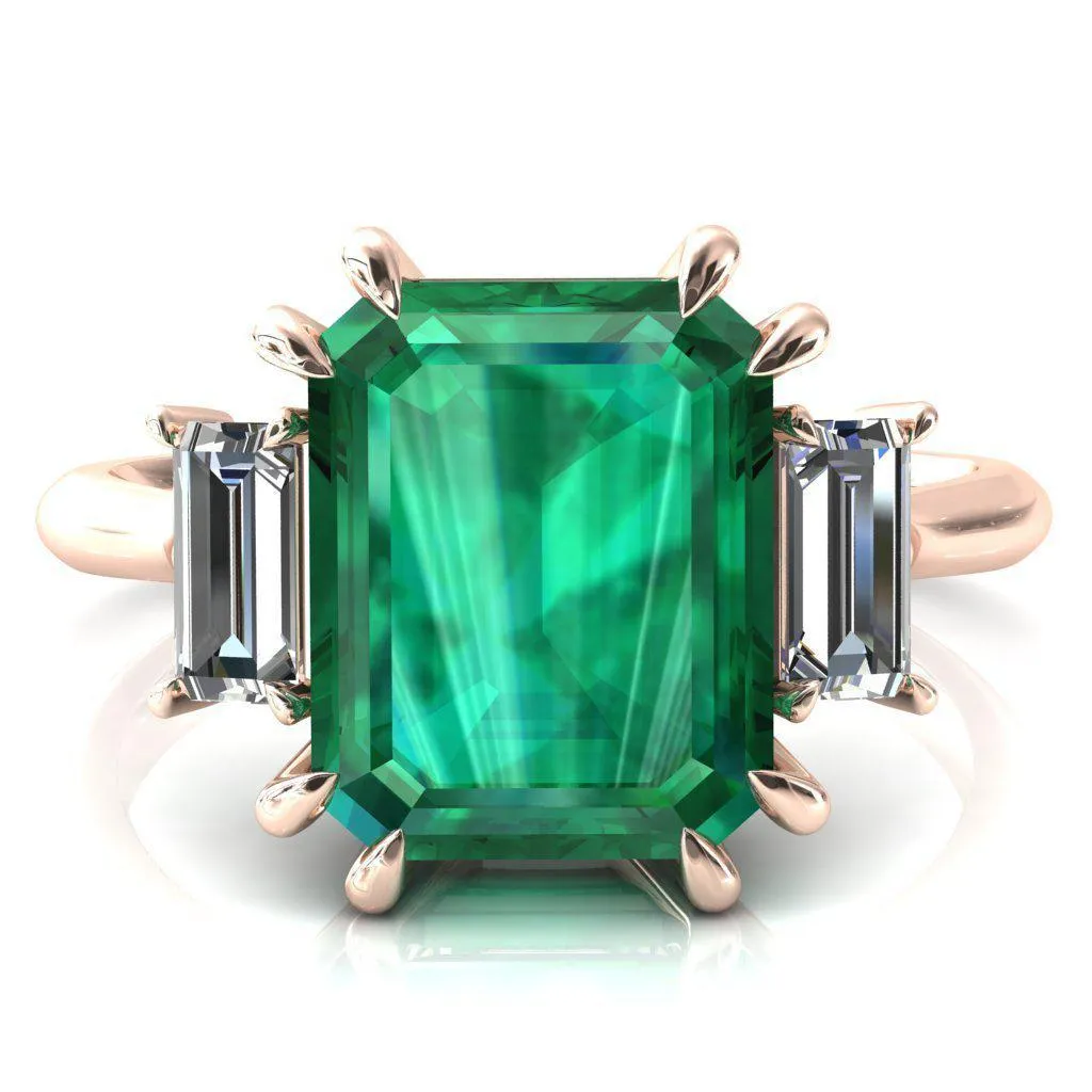 Venice Emerald Emerald with Diamond Baguette 3 Stone Ring