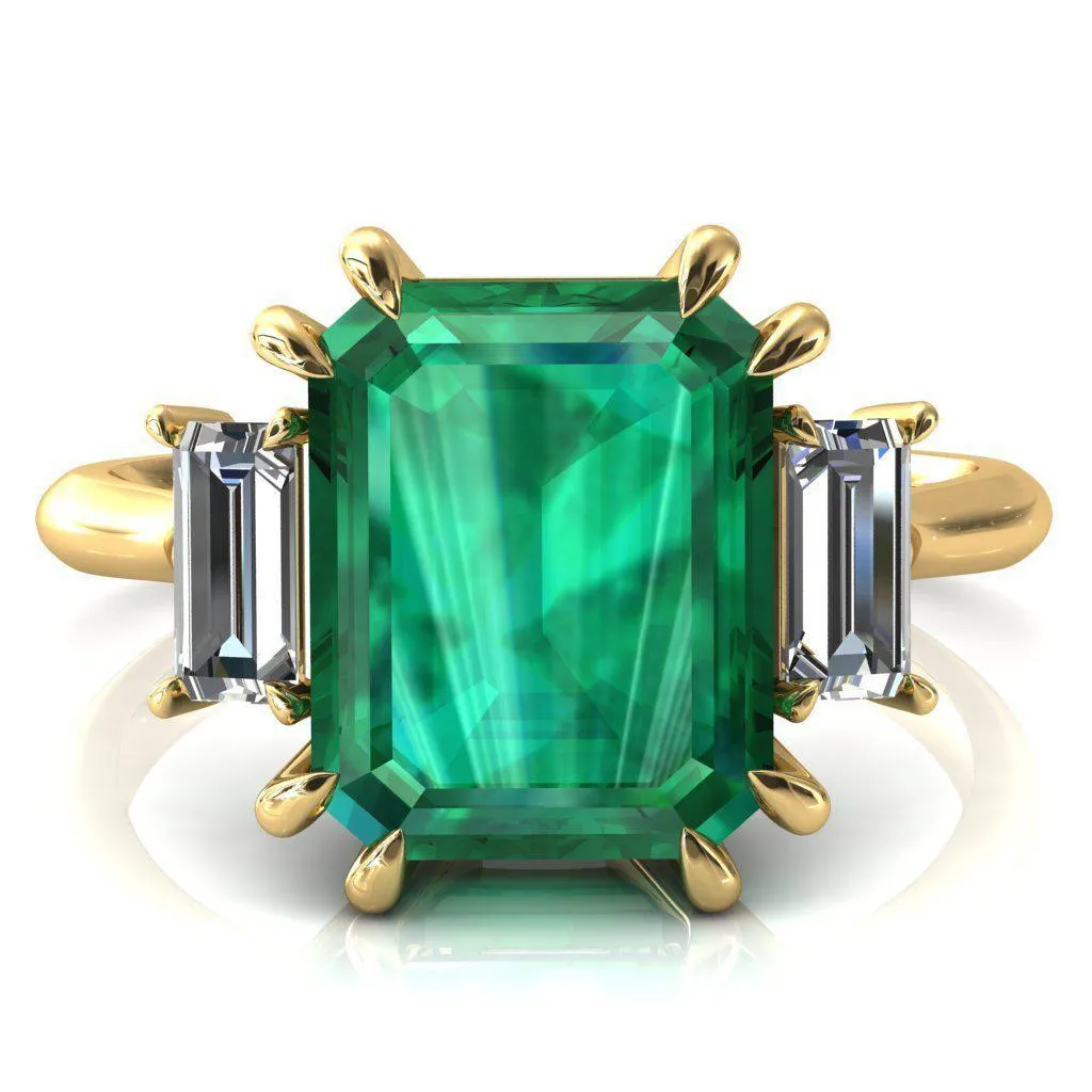 Venice Emerald Emerald with Diamond Baguette 3 Stone Ring