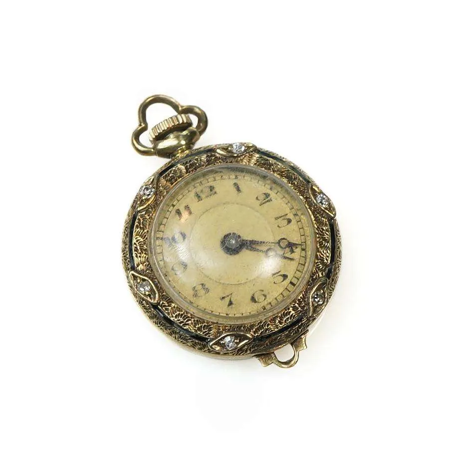Victorian 14k Diamond and Enamel Pendant Watch