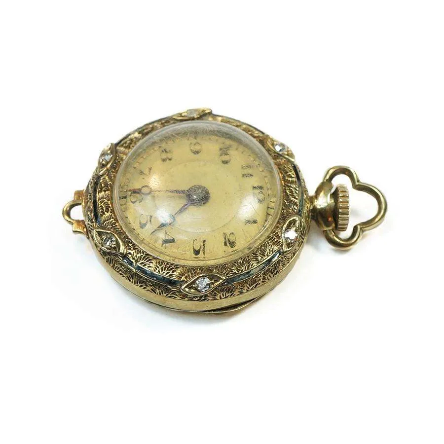 Victorian 14k Diamond and Enamel Pendant Watch