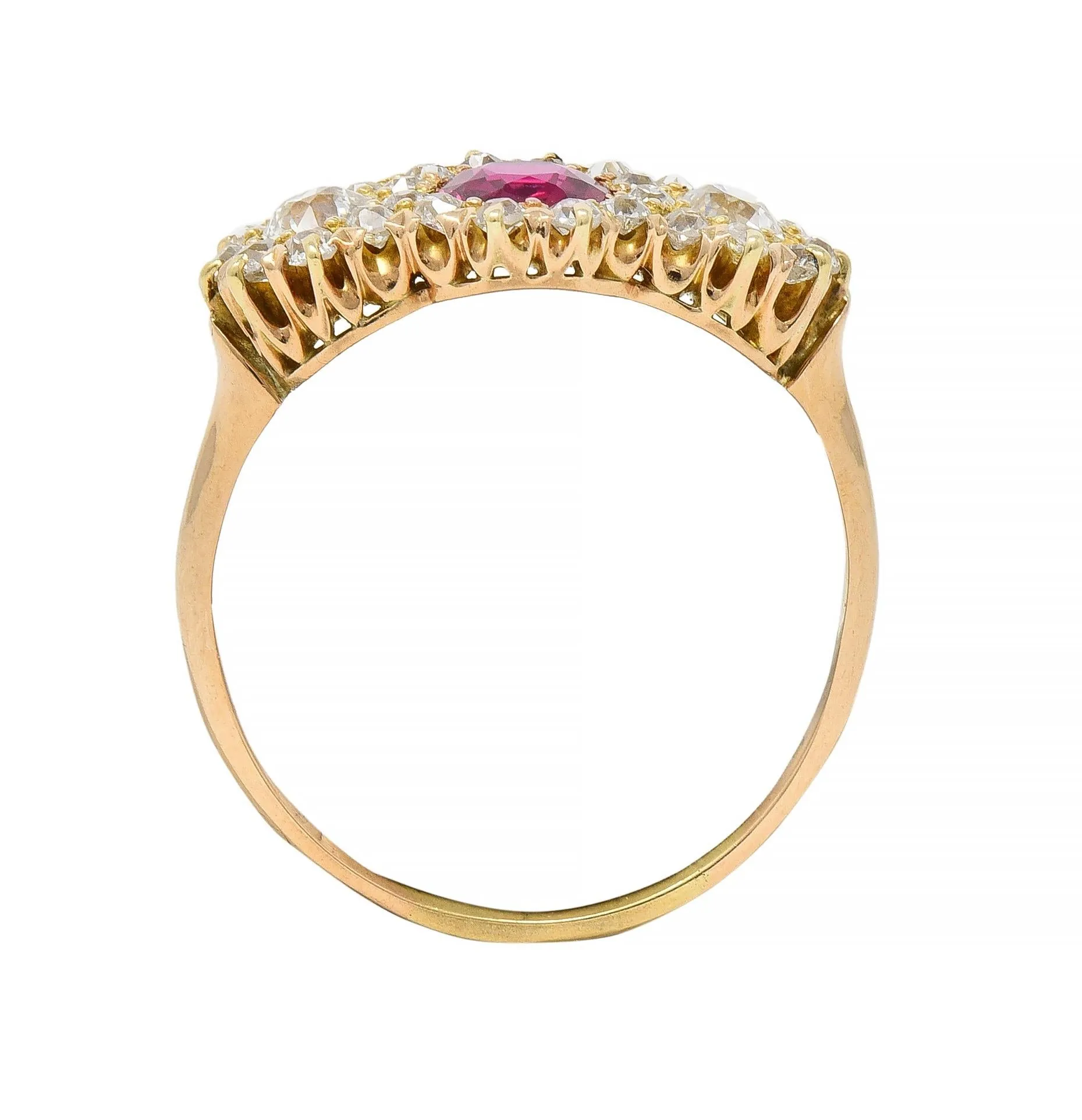 Victorian 1.57 CTW No Heat Ruby Diamond 14 Karat Yellow Gold Antique Cluster Ring GIA