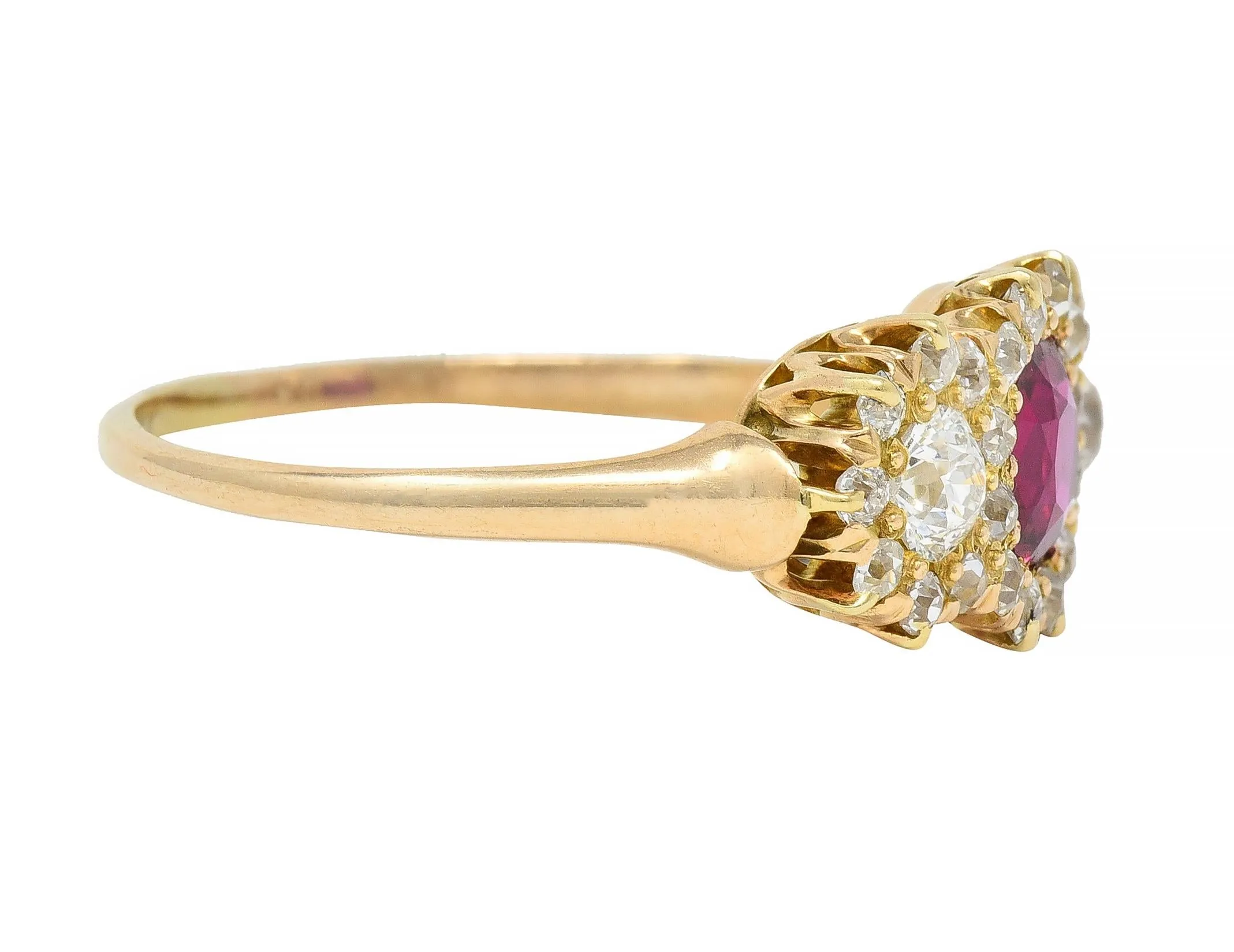 Victorian 1.57 CTW No Heat Ruby Diamond 14 Karat Yellow Gold Antique Cluster Ring GIA