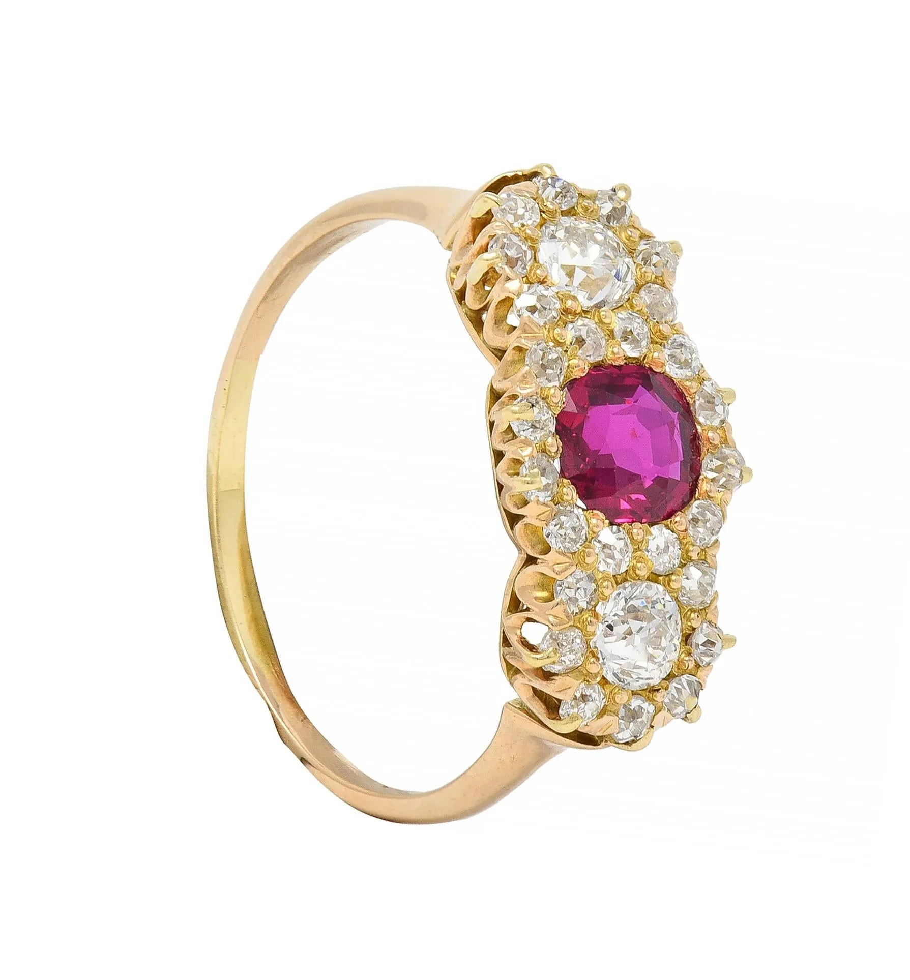 Victorian 1.57 CTW No Heat Ruby Diamond 14 Karat Yellow Gold Antique Cluster Ring GIA