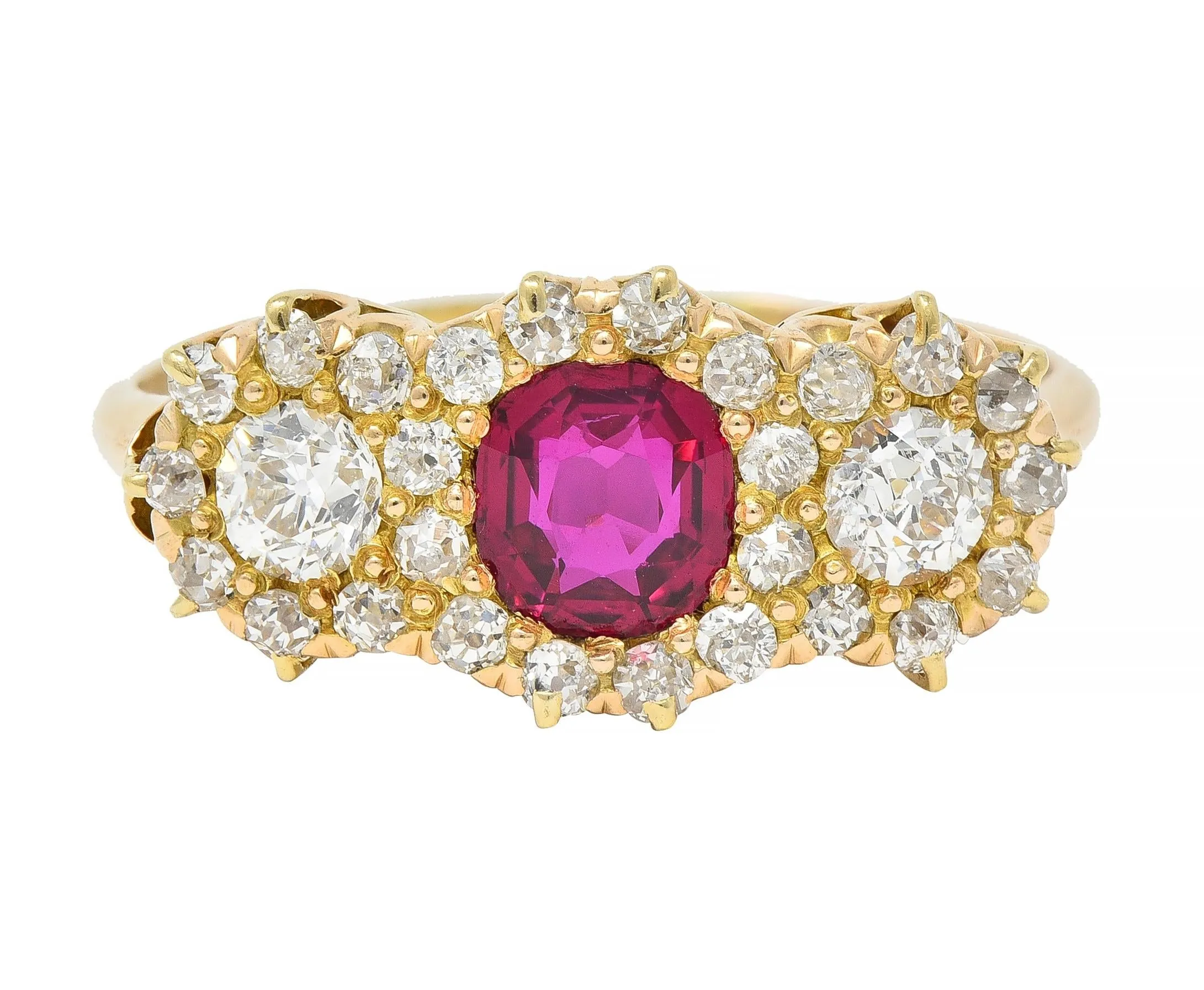 Victorian 1.57 CTW No Heat Ruby Diamond 14 Karat Yellow Gold Antique Cluster Ring GIA