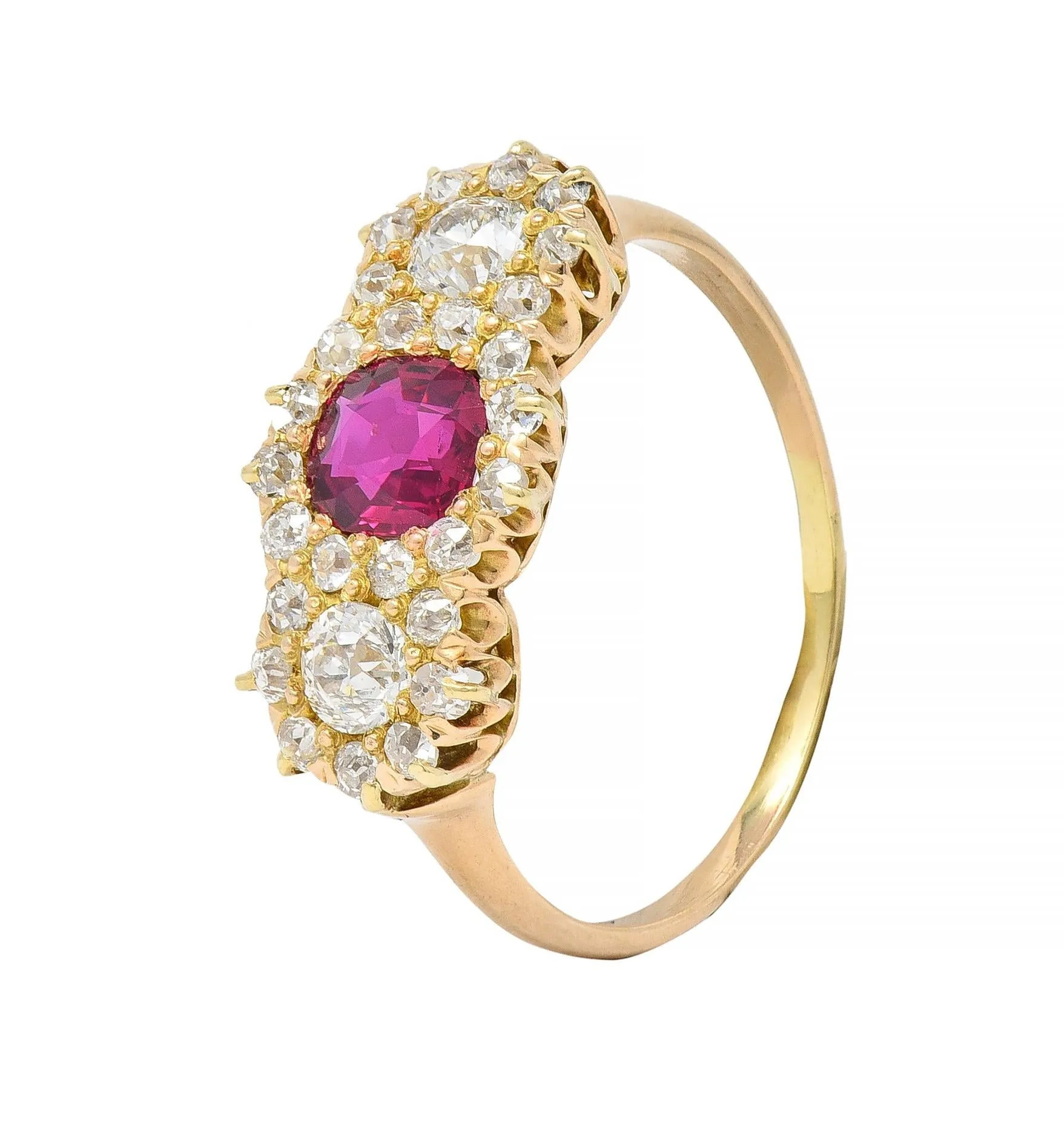 Victorian 1.57 CTW No Heat Ruby Diamond 14 Karat Yellow Gold Antique Cluster Ring GIA
