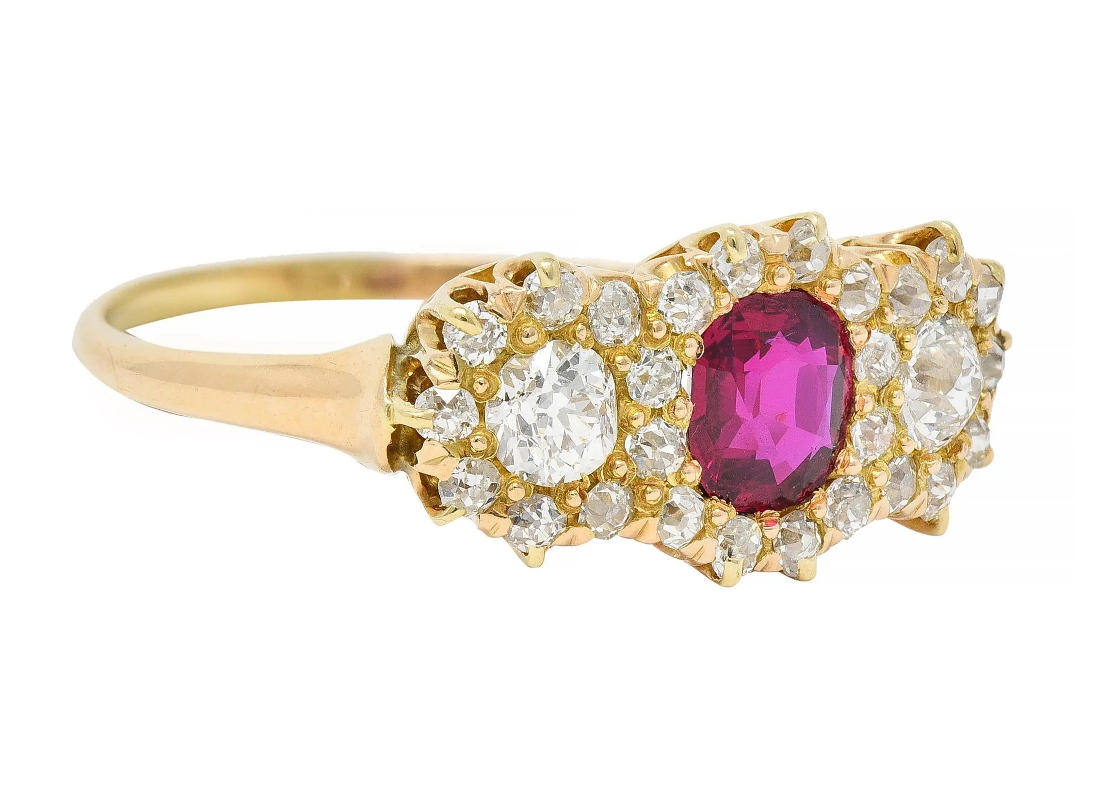 Victorian 1.57 CTW No Heat Ruby Diamond 14 Karat Yellow Gold Antique Cluster Ring GIA