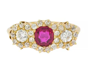 Victorian 1.57 CTW No Heat Ruby Diamond 14 Karat Yellow Gold Antique Cluster Ring GIA