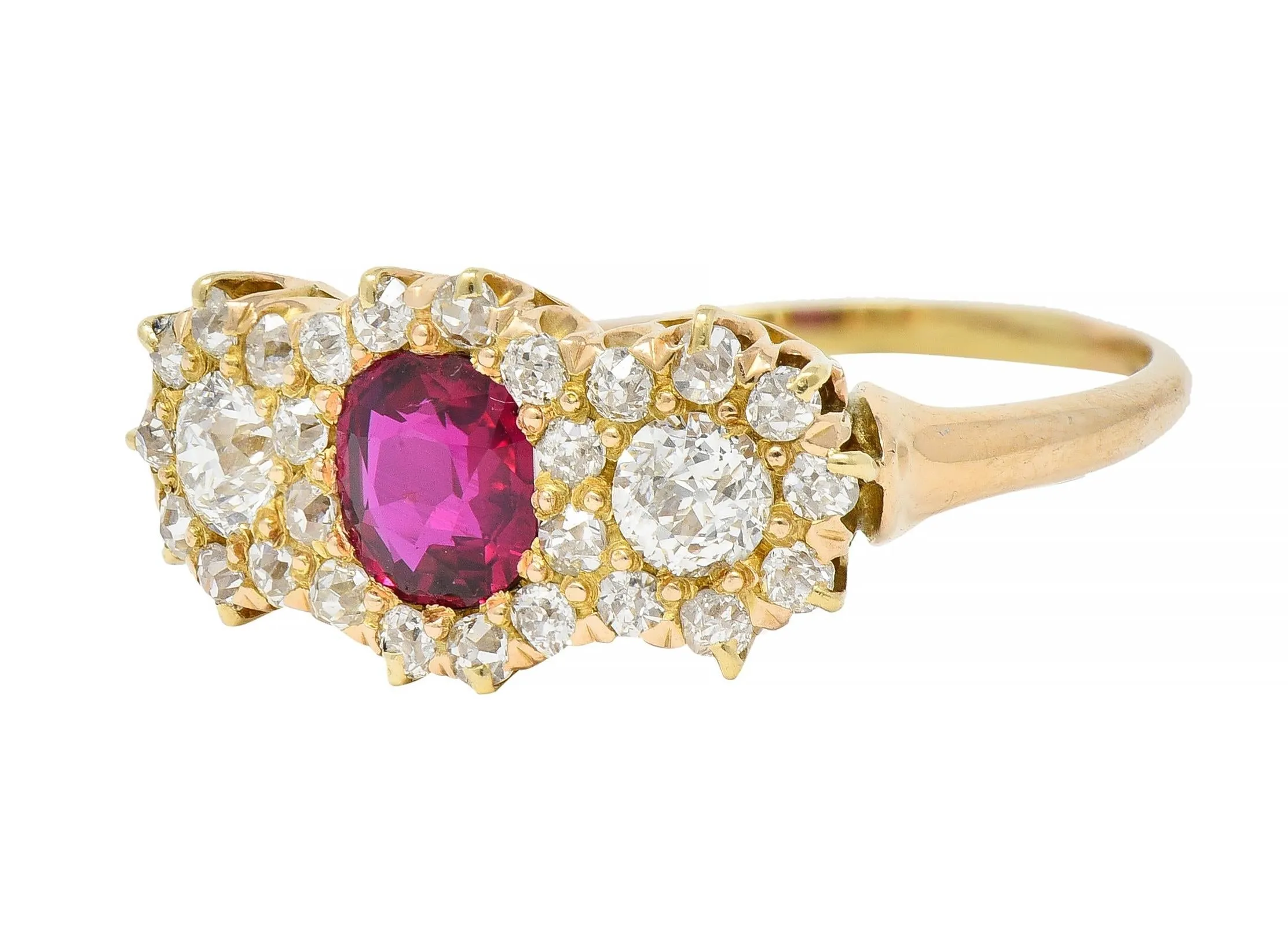 Victorian 1.57 CTW No Heat Ruby Diamond 14 Karat Yellow Gold Antique Cluster Ring GIA