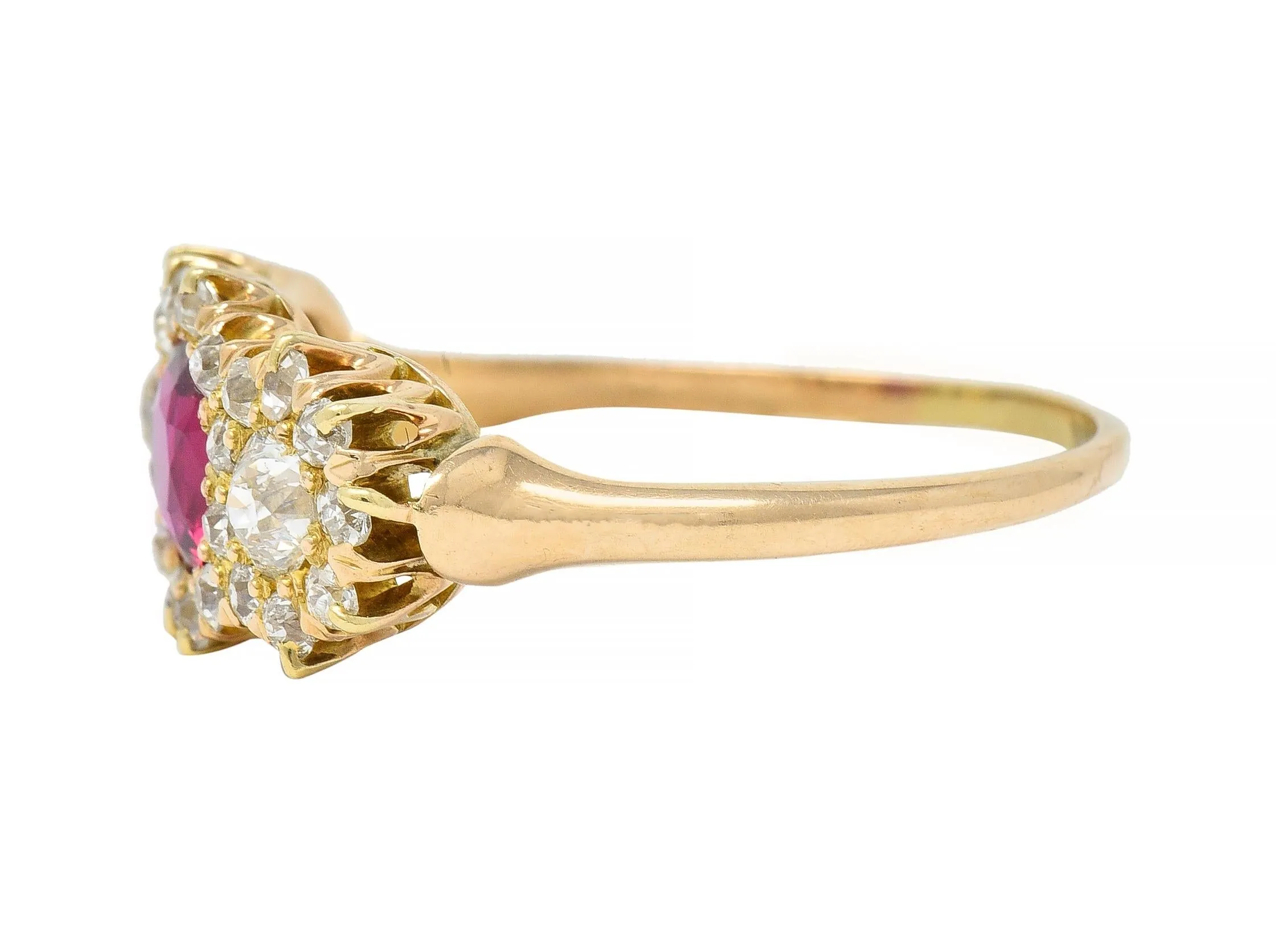 Victorian 1.57 CTW No Heat Ruby Diamond 14 Karat Yellow Gold Antique Cluster Ring GIA