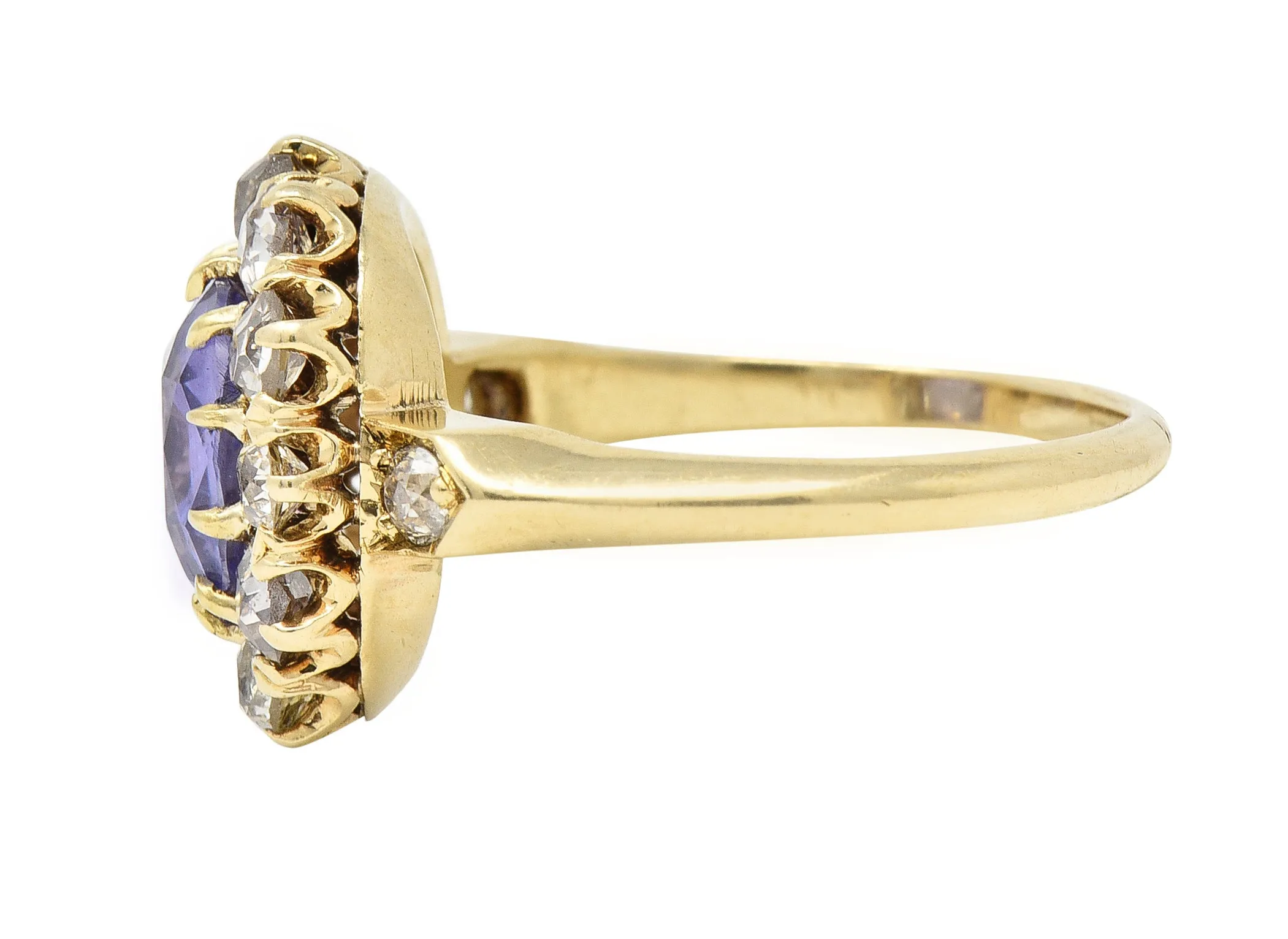 Victorian 3.56 CTW No Heat Purple Ceylon Sapphire Diamond 18 Karat Yellow Gold Antique Halo Ring GIA