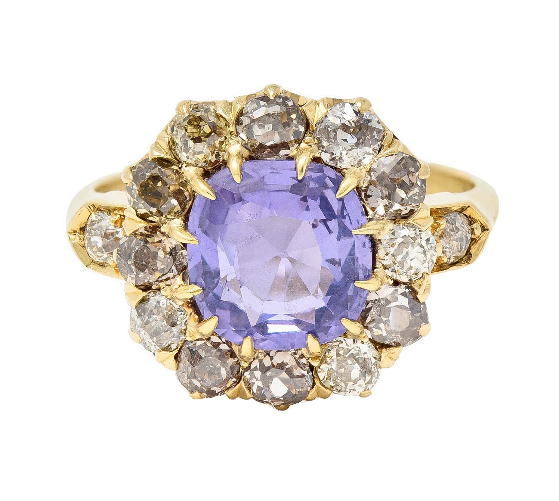 Victorian 3.56 CTW No Heat Purple Ceylon Sapphire Diamond 18 Karat Yellow Gold Antique Halo Ring GIA