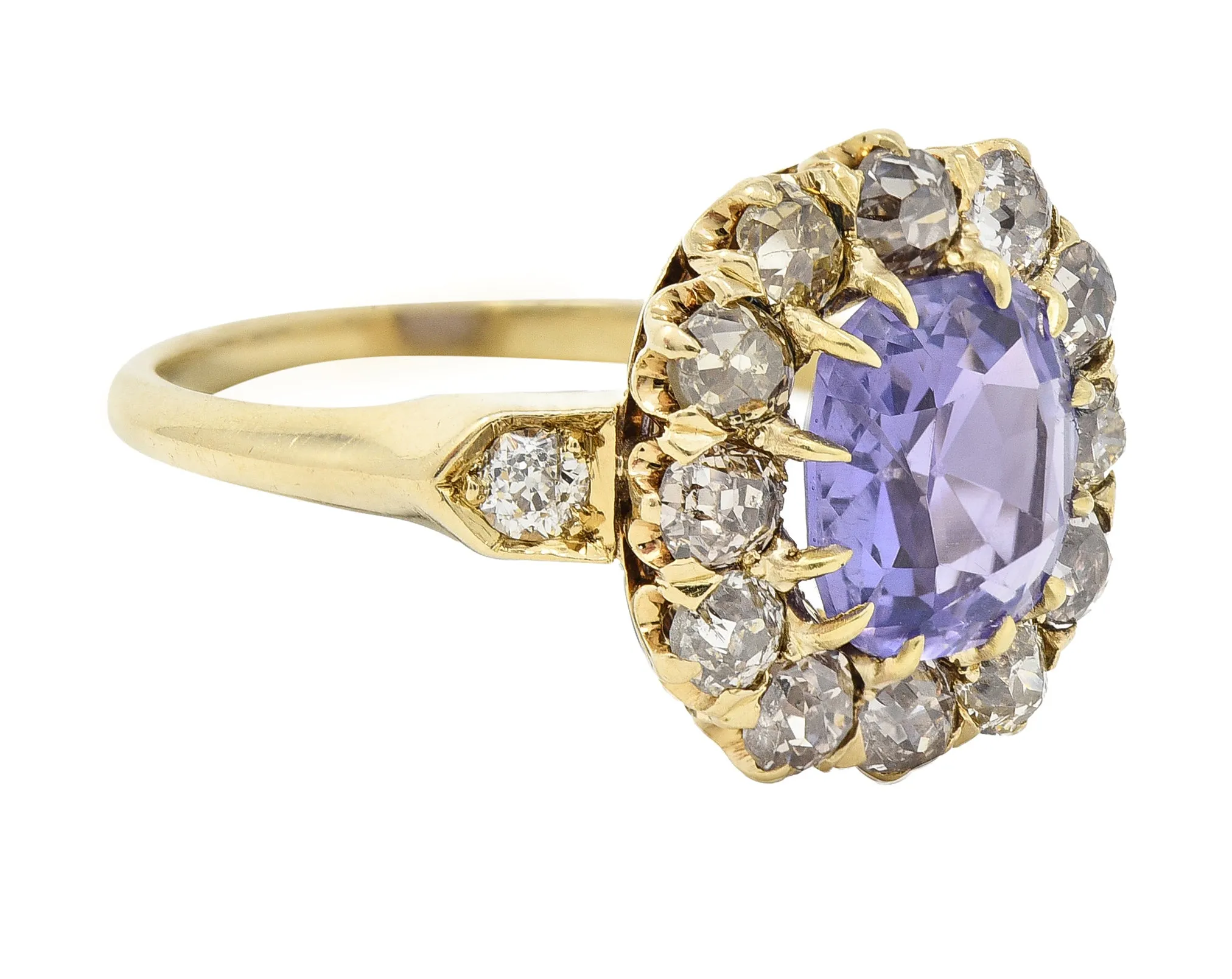Victorian 3.56 CTW No Heat Purple Ceylon Sapphire Diamond 18 Karat Yellow Gold Antique Halo Ring GIA
