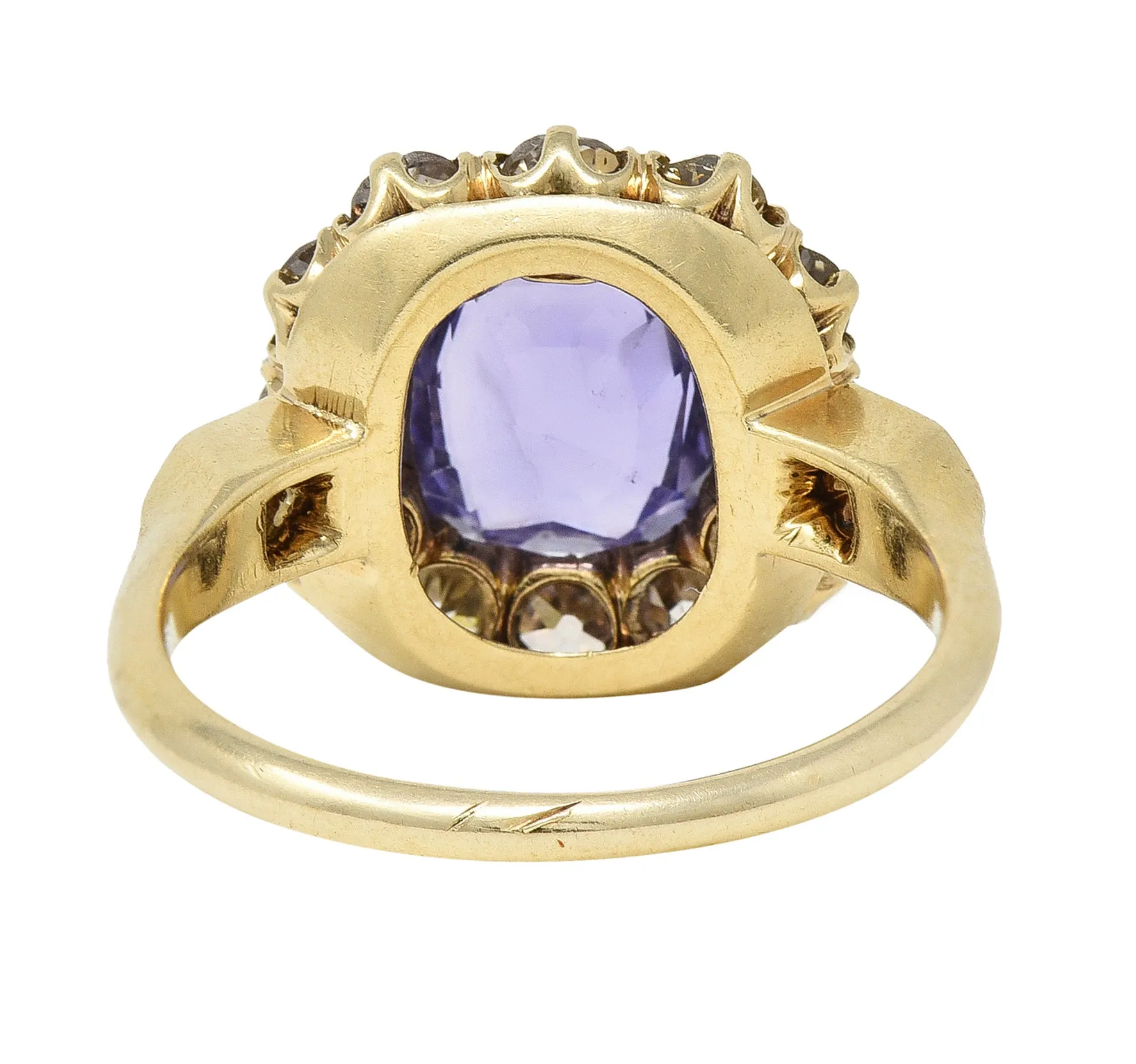 Victorian 3.56 CTW No Heat Purple Ceylon Sapphire Diamond 18 Karat Yellow Gold Antique Halo Ring GIA