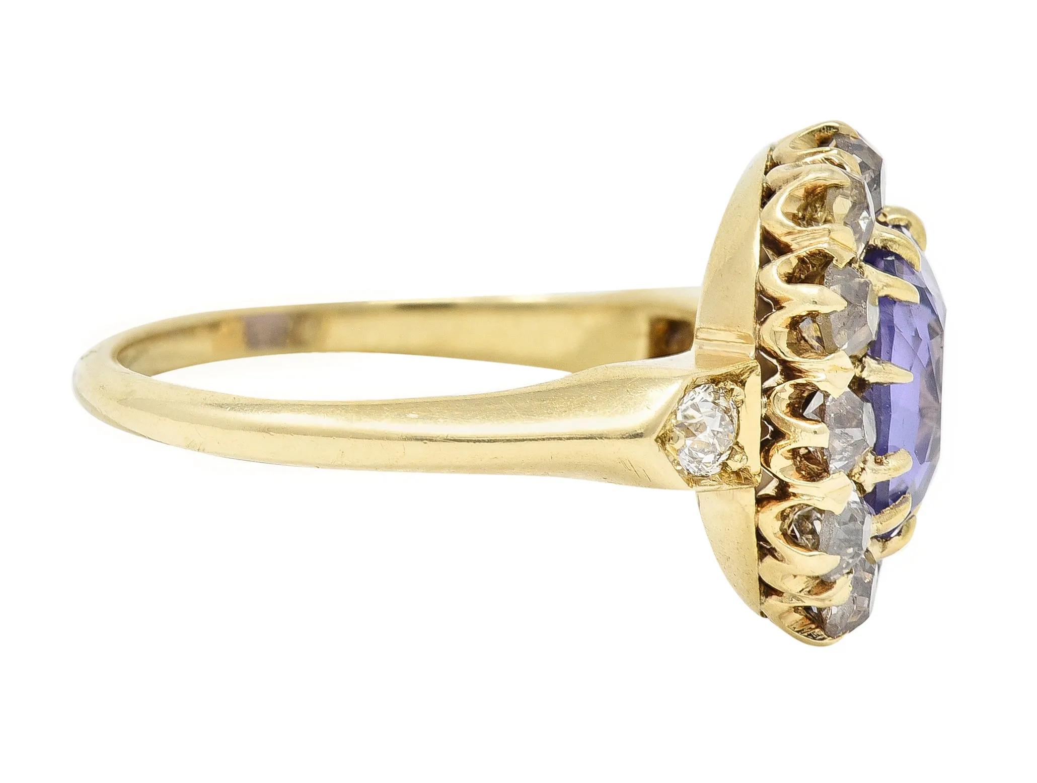 Victorian 3.56 CTW No Heat Purple Ceylon Sapphire Diamond 18 Karat Yellow Gold Antique Halo Ring GIA