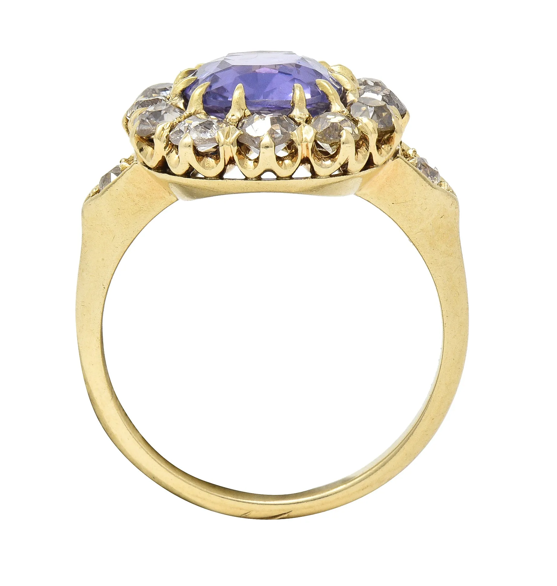 Victorian 3.56 CTW No Heat Purple Ceylon Sapphire Diamond 18 Karat Yellow Gold Antique Halo Ring GIA