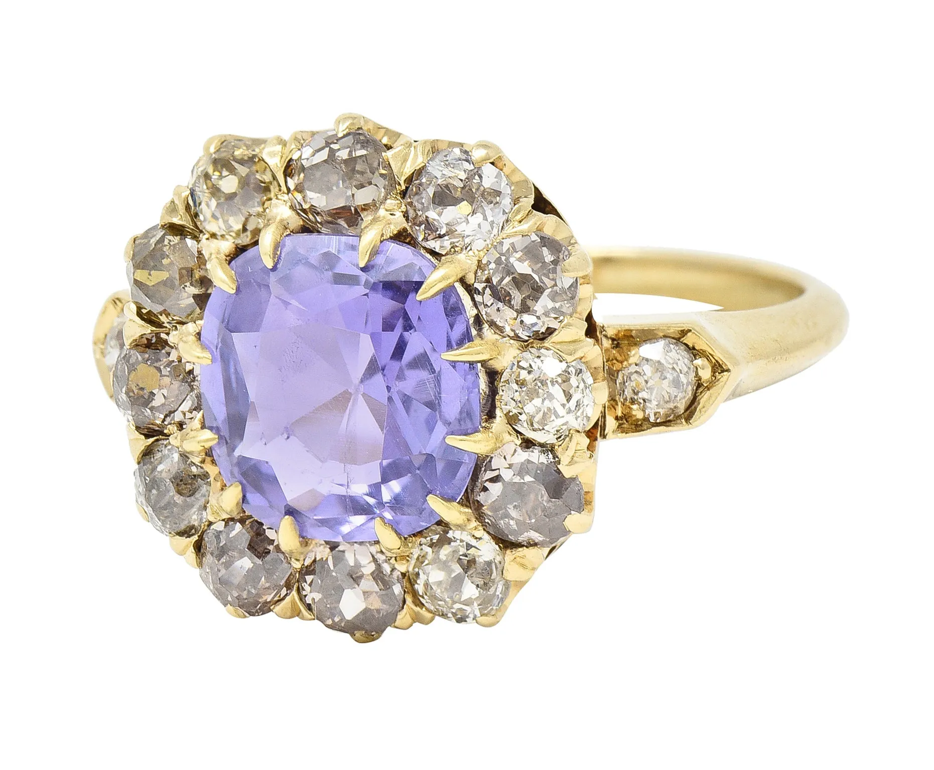Victorian 3.56 CTW No Heat Purple Ceylon Sapphire Diamond 18 Karat Yellow Gold Antique Halo Ring GIA