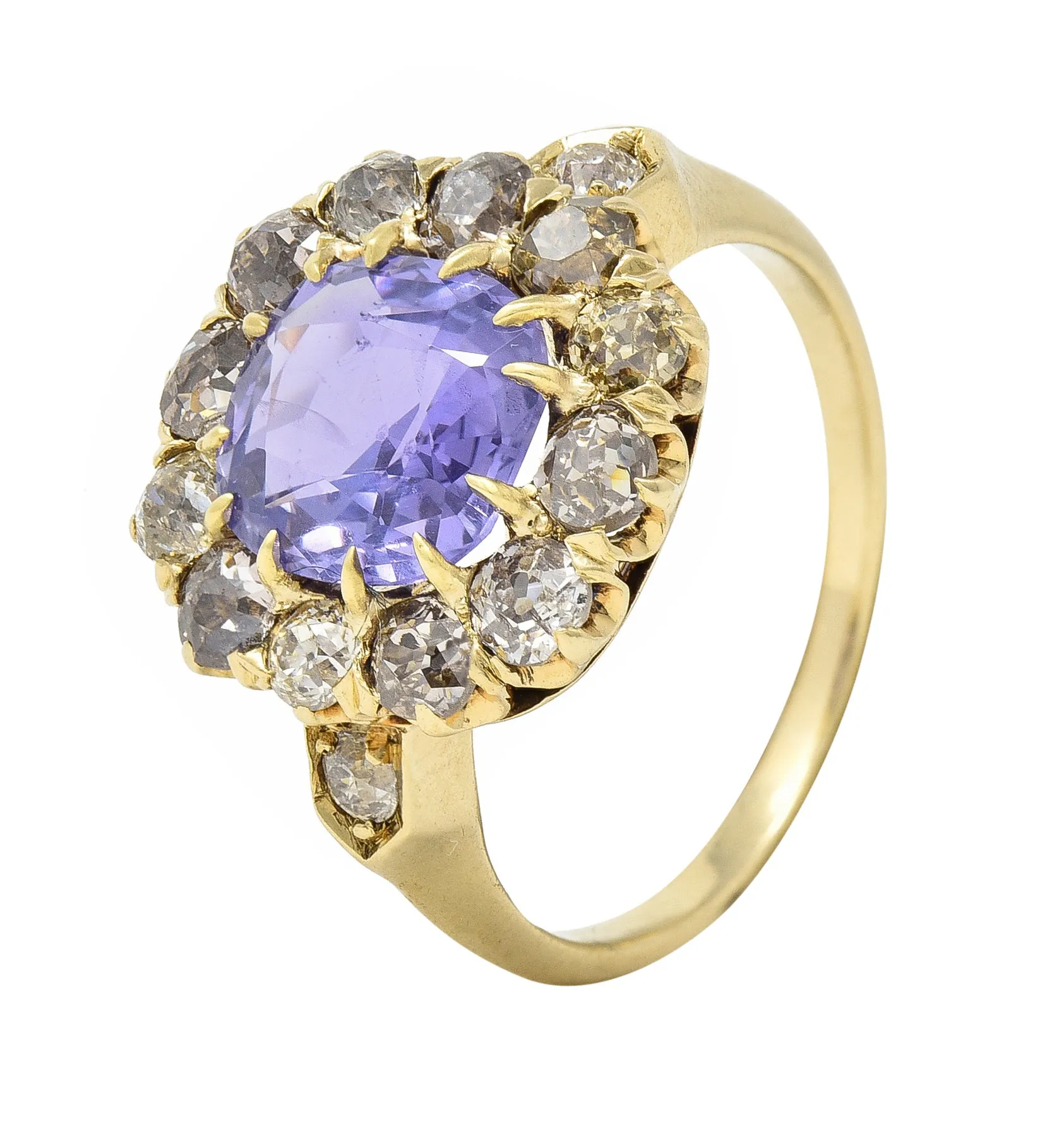 Victorian 3.56 CTW No Heat Purple Ceylon Sapphire Diamond 18 Karat Yellow Gold Antique Halo Ring GIA