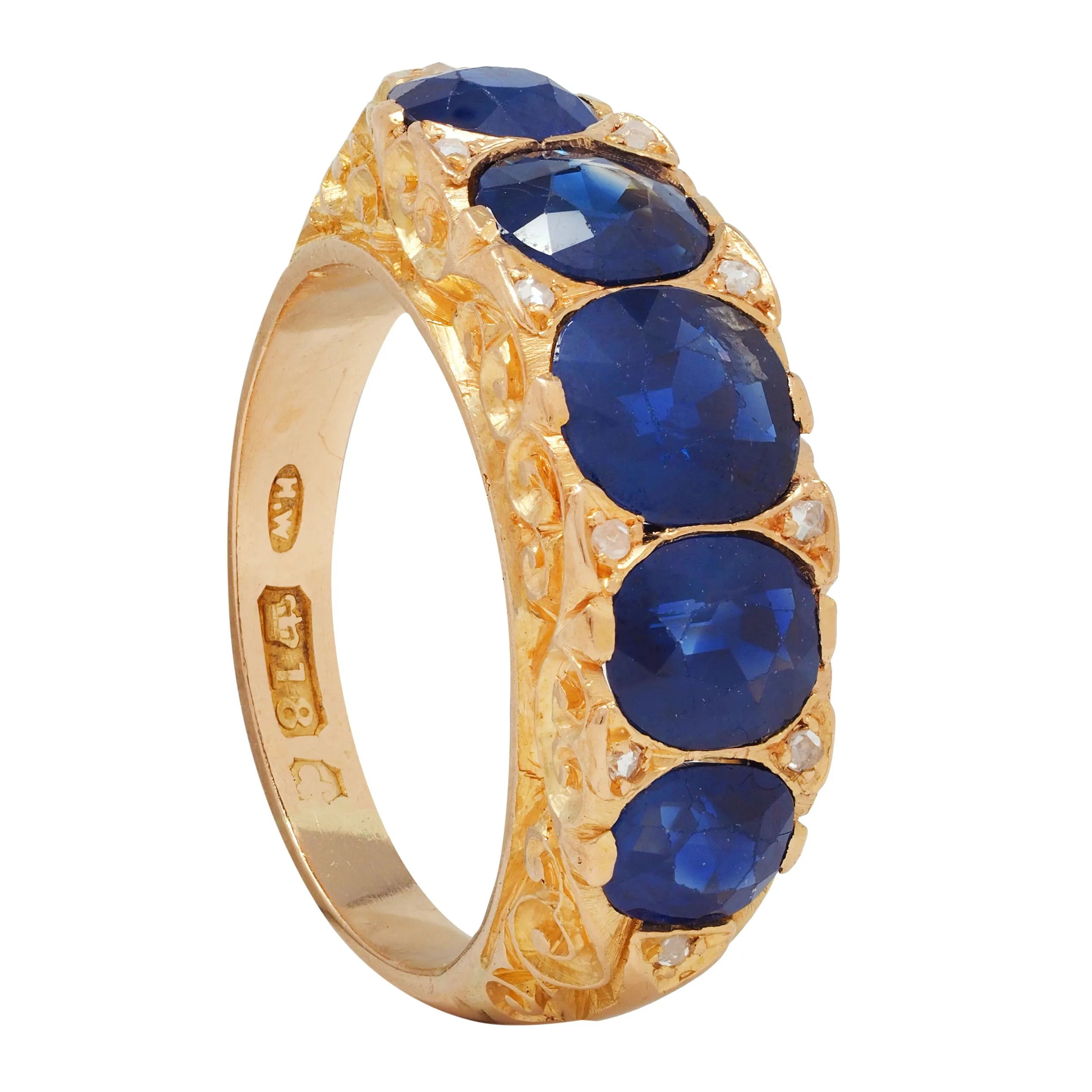 Victorian 4.10 CTW No Heat Sapphire Diamond 18 Karat Yellow Gold Antique Five Stone Band Ring GIA