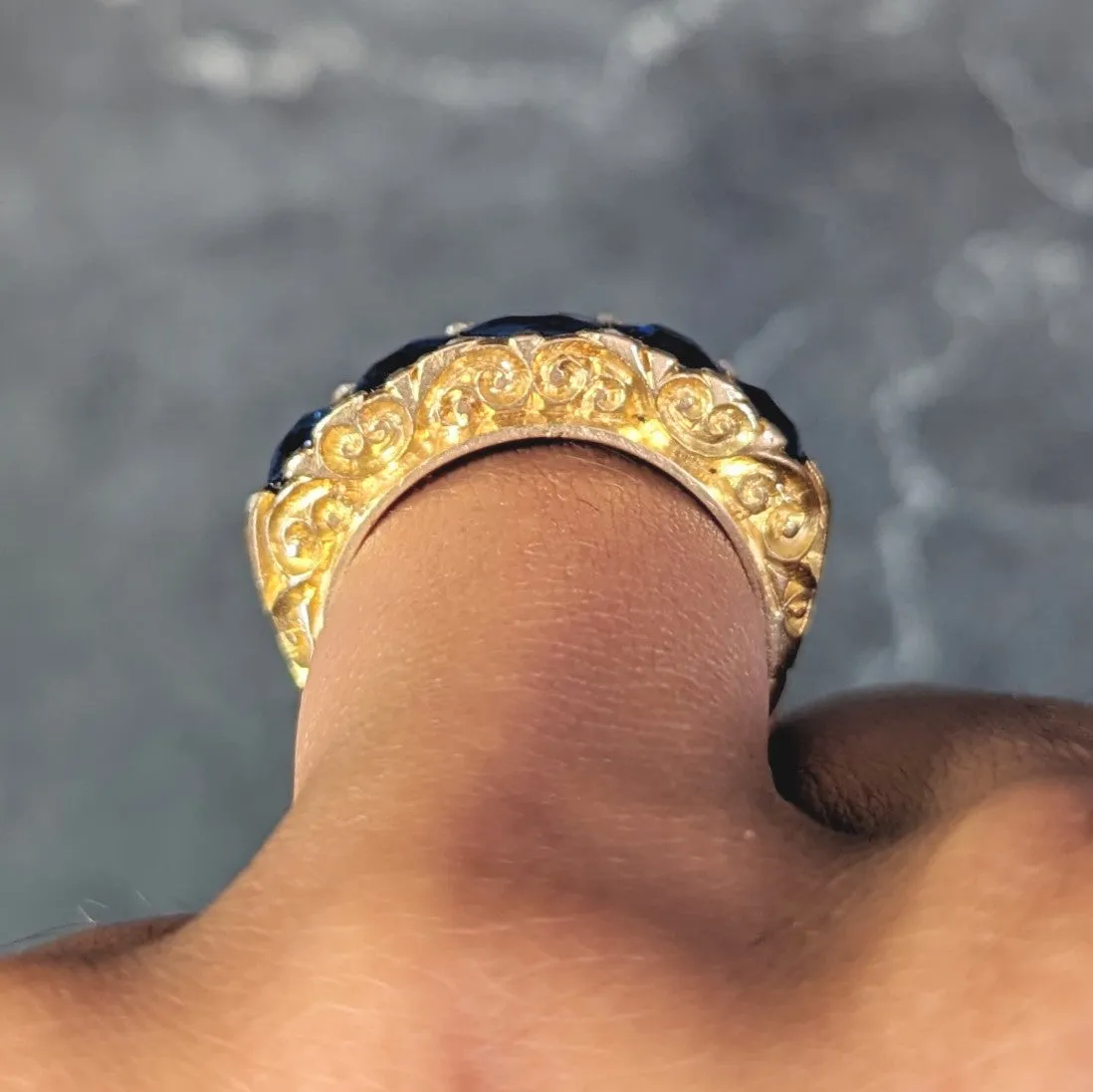 Victorian 4.10 CTW No Heat Sapphire Diamond 18 Karat Yellow Gold Antique Five Stone Band Ring GIA