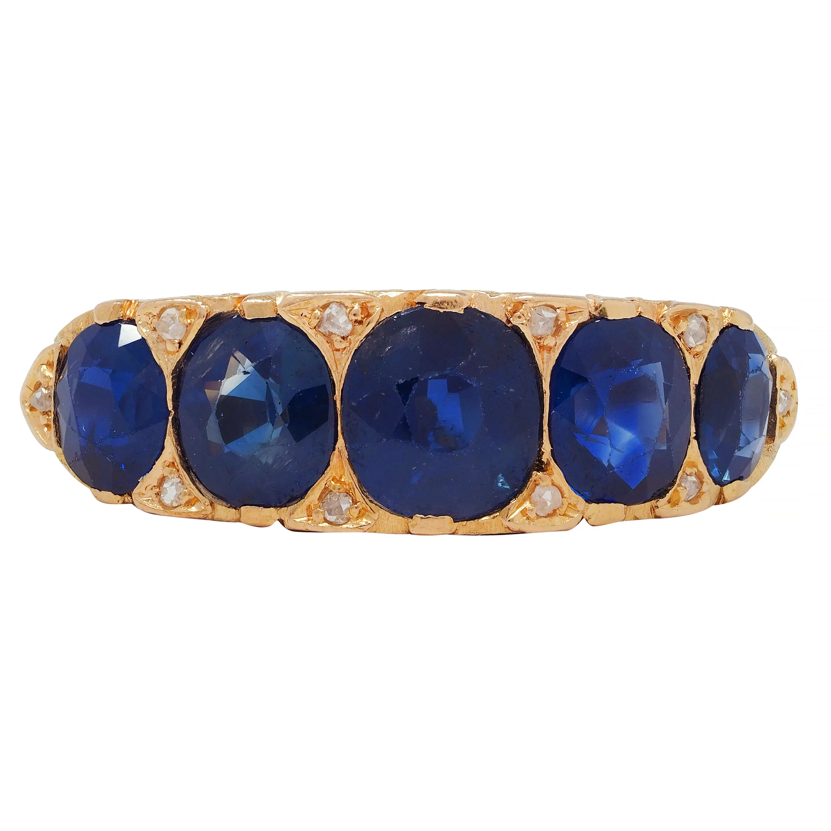 Victorian 4.10 CTW No Heat Sapphire Diamond 18 Karat Yellow Gold Antique Five Stone Band Ring GIA