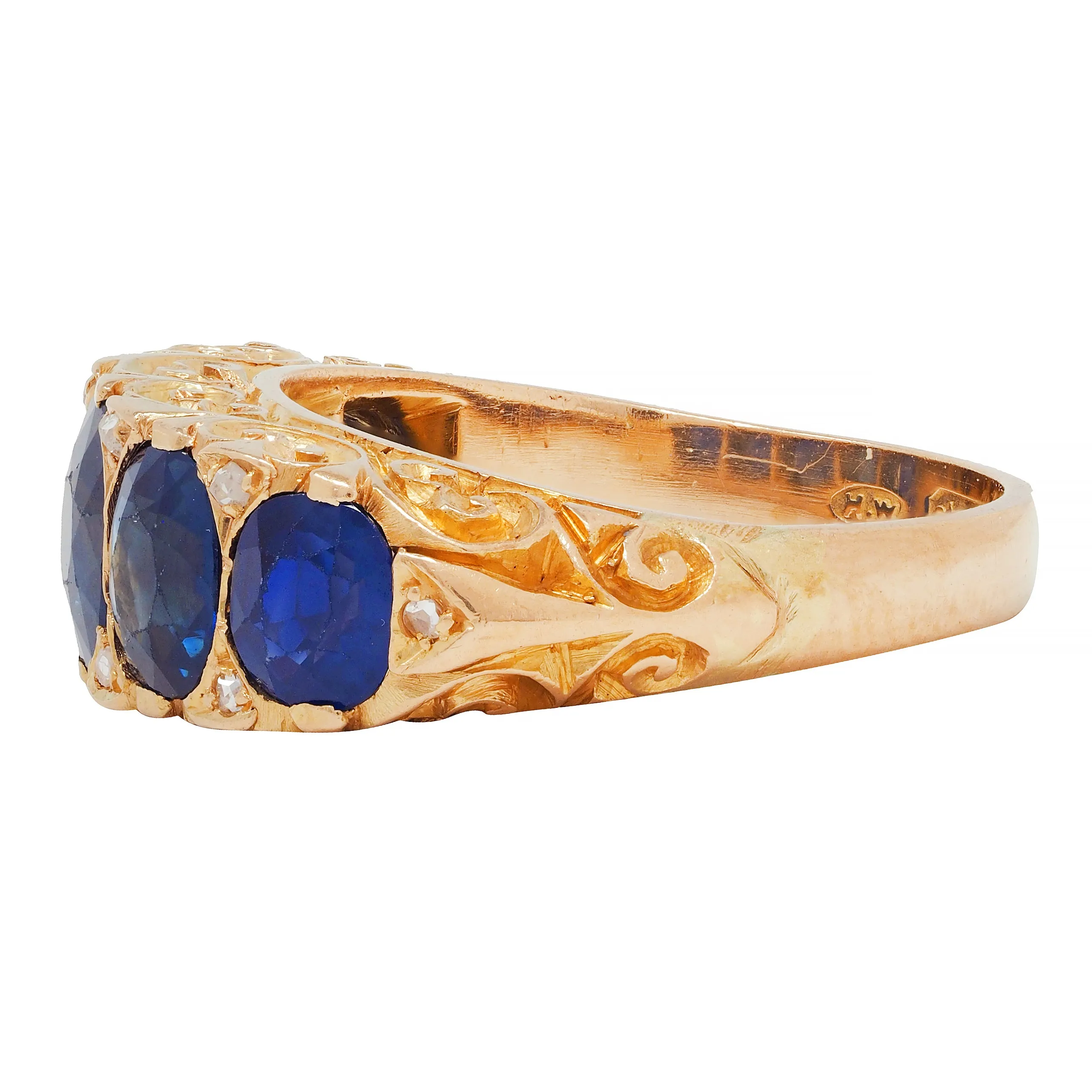 Victorian 4.10 CTW No Heat Sapphire Diamond 18 Karat Yellow Gold Antique Five Stone Band Ring GIA