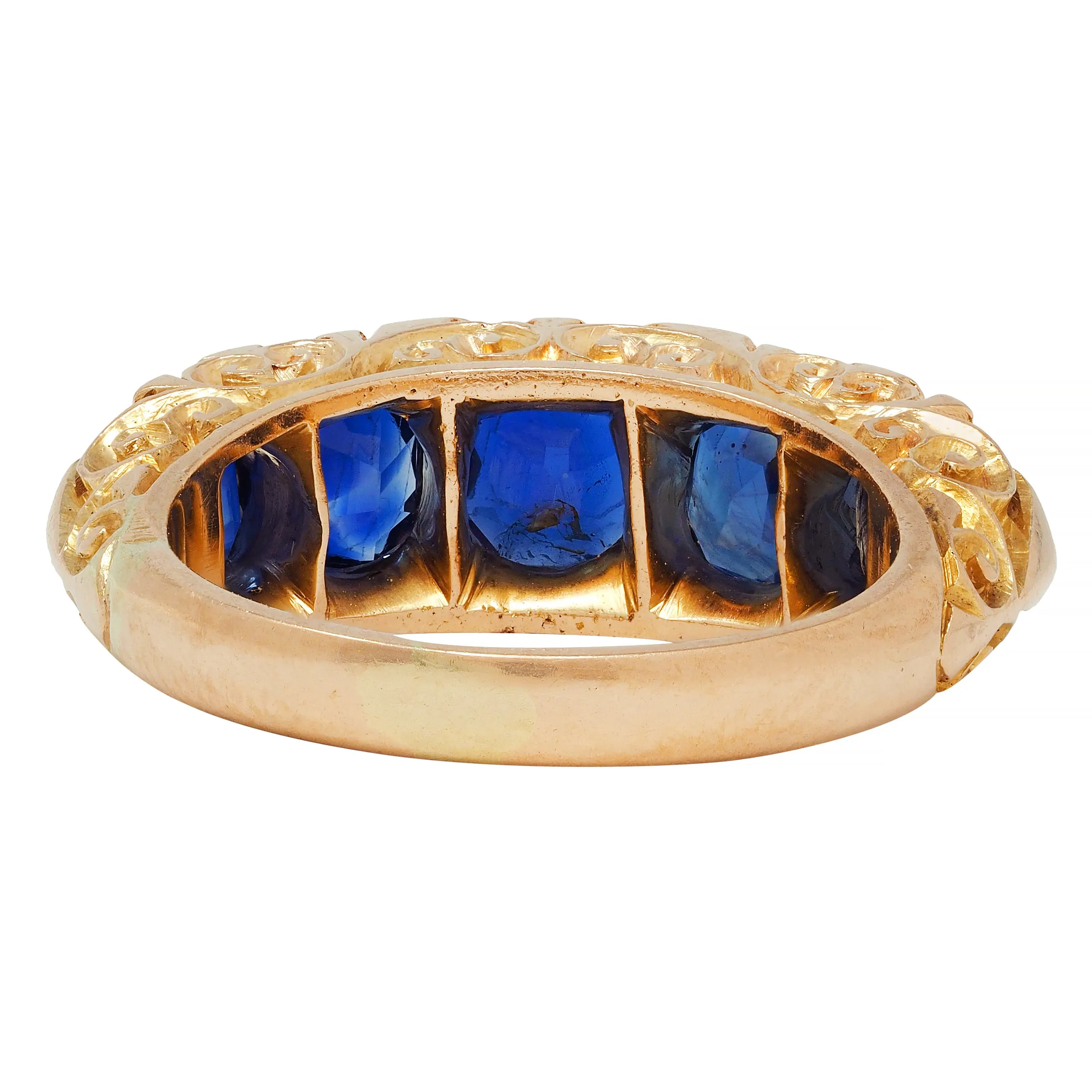 Victorian 4.10 CTW No Heat Sapphire Diamond 18 Karat Yellow Gold Antique Five Stone Band Ring GIA