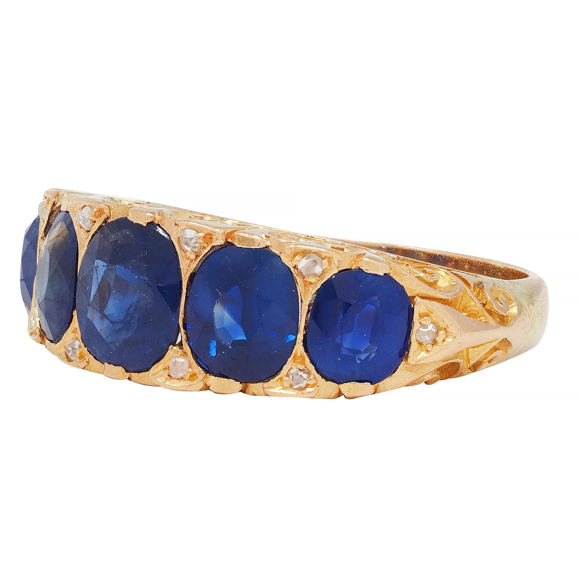Victorian 4.10 CTW No Heat Sapphire Diamond 18 Karat Yellow Gold Antique Five Stone Band Ring GIA