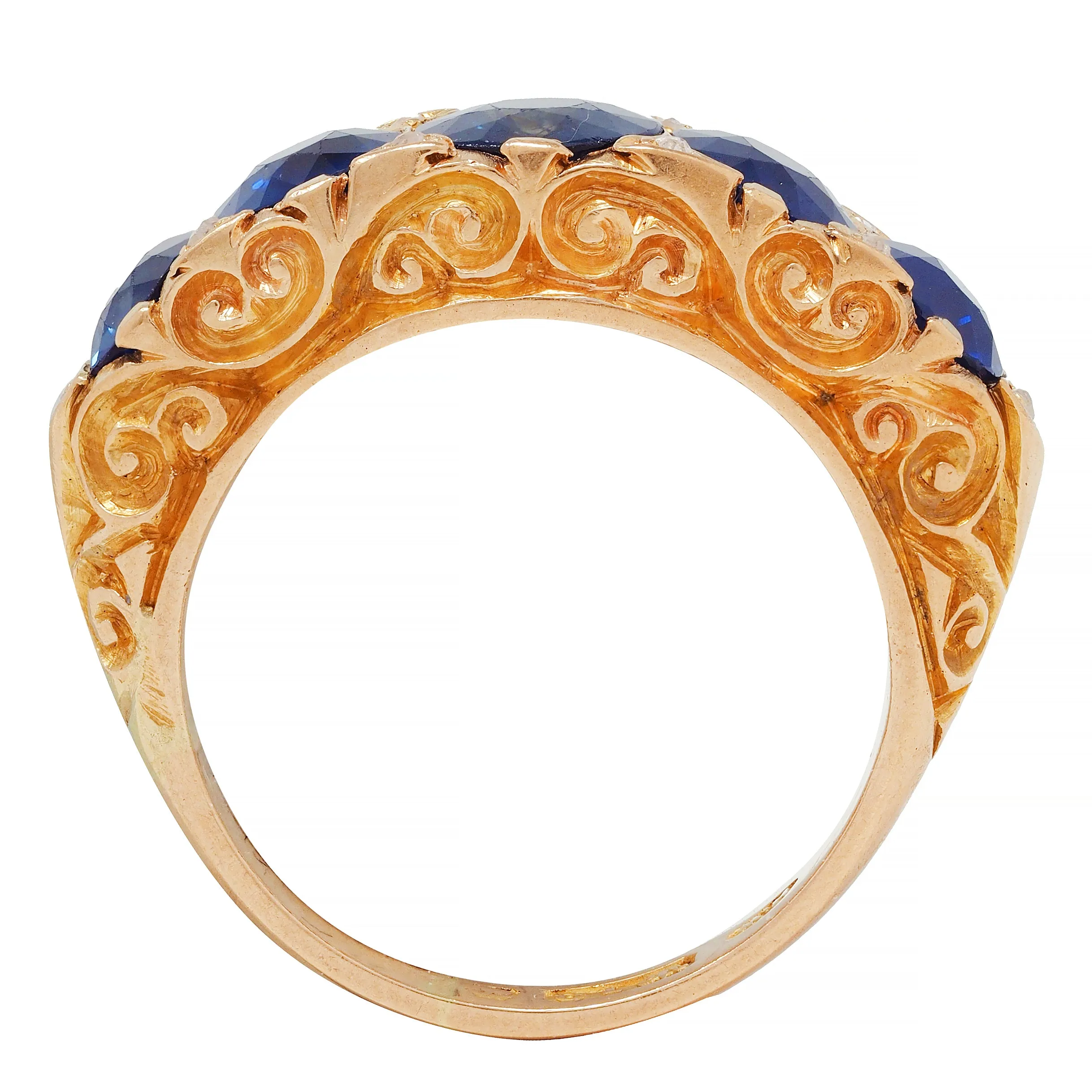 Victorian 4.10 CTW No Heat Sapphire Diamond 18 Karat Yellow Gold Antique Five Stone Band Ring GIA
