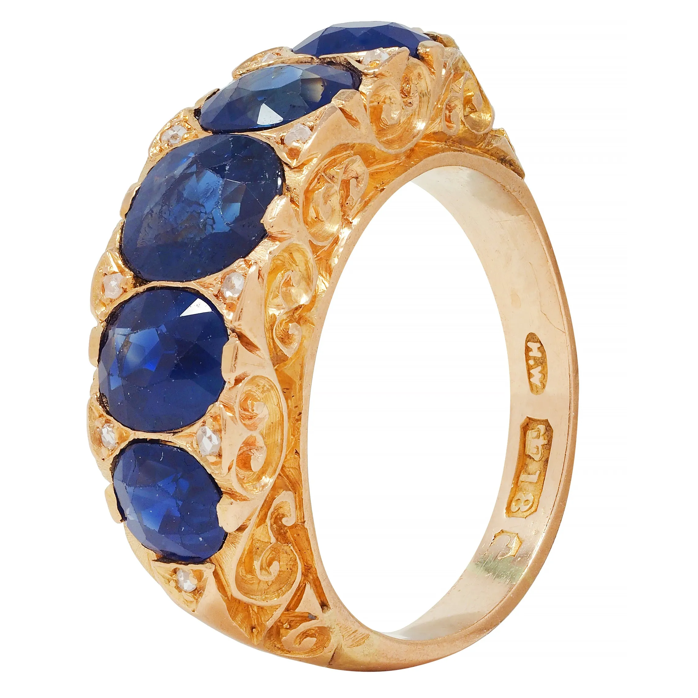 Victorian 4.10 CTW No Heat Sapphire Diamond 18 Karat Yellow Gold Antique Five Stone Band Ring GIA