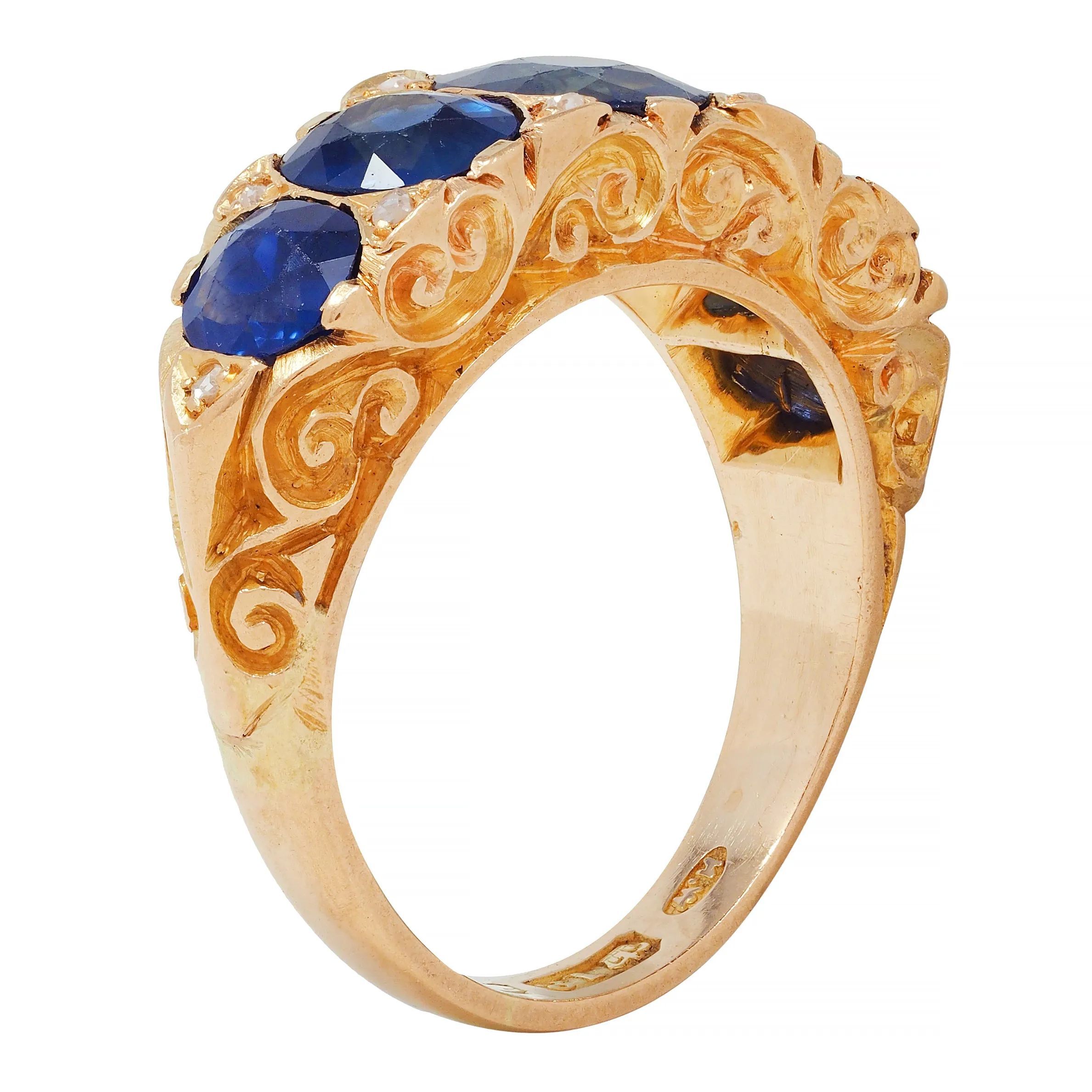 Victorian 4.10 CTW No Heat Sapphire Diamond 18 Karat Yellow Gold Antique Five Stone Band Ring GIA