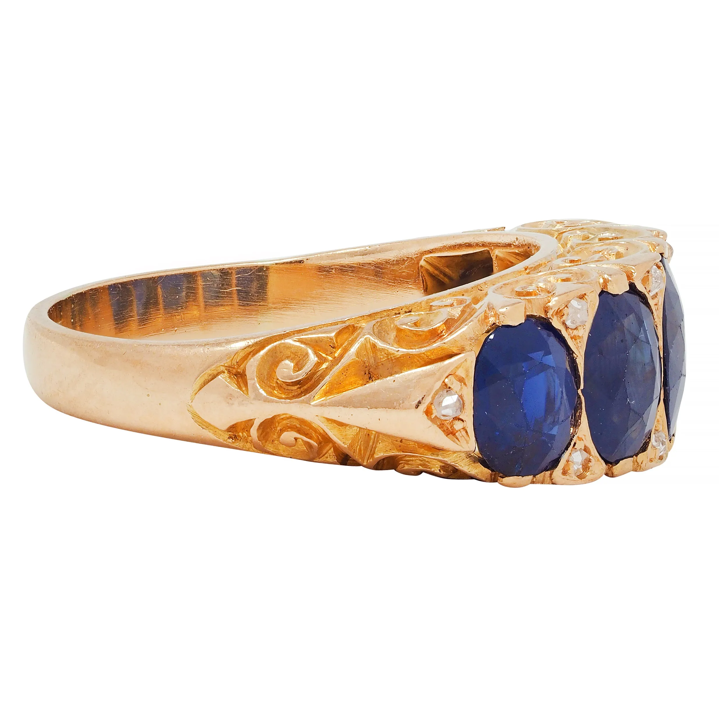 Victorian 4.10 CTW No Heat Sapphire Diamond 18 Karat Yellow Gold Antique Five Stone Band Ring GIA