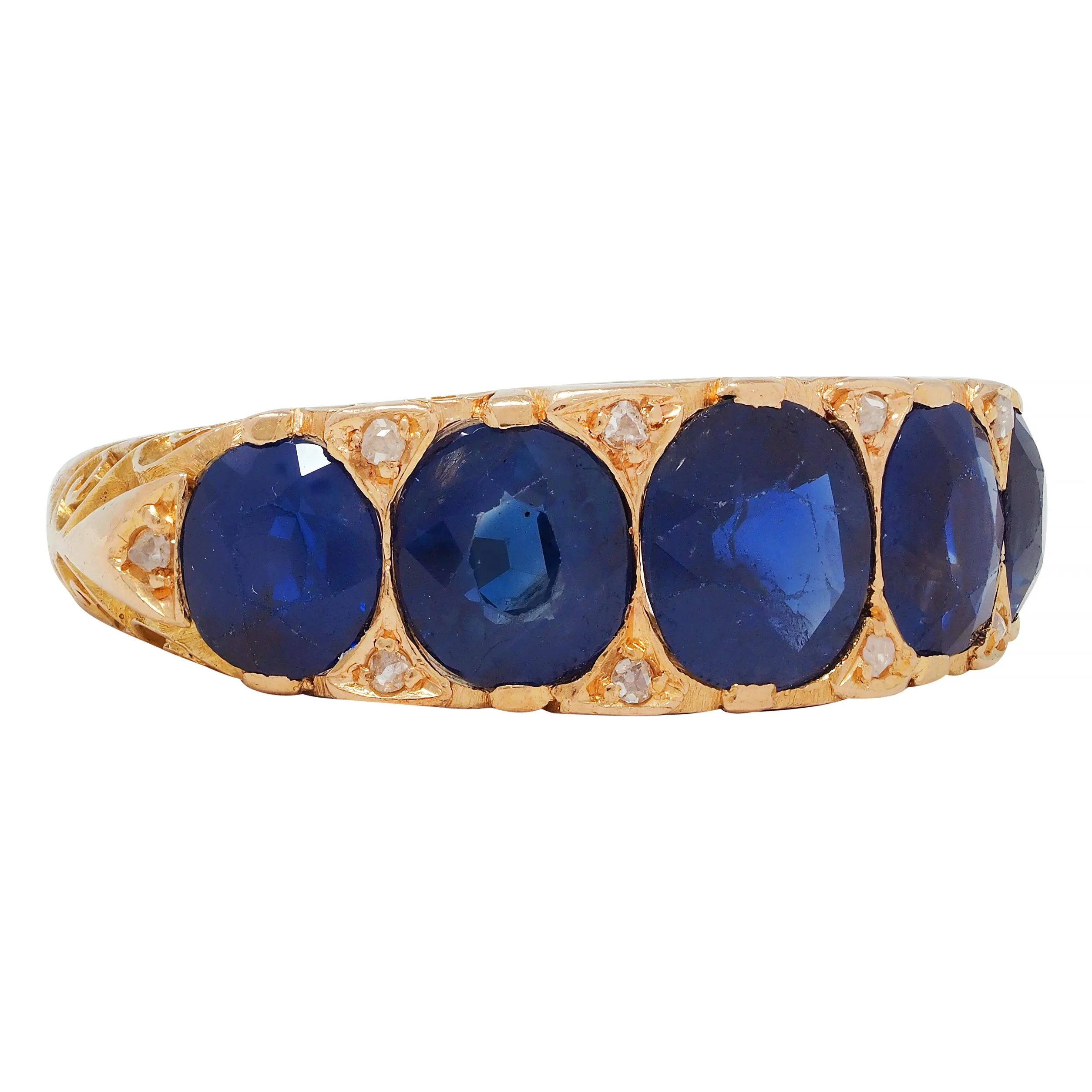 Victorian 4.10 CTW No Heat Sapphire Diamond 18 Karat Yellow Gold Antique Five Stone Band Ring GIA