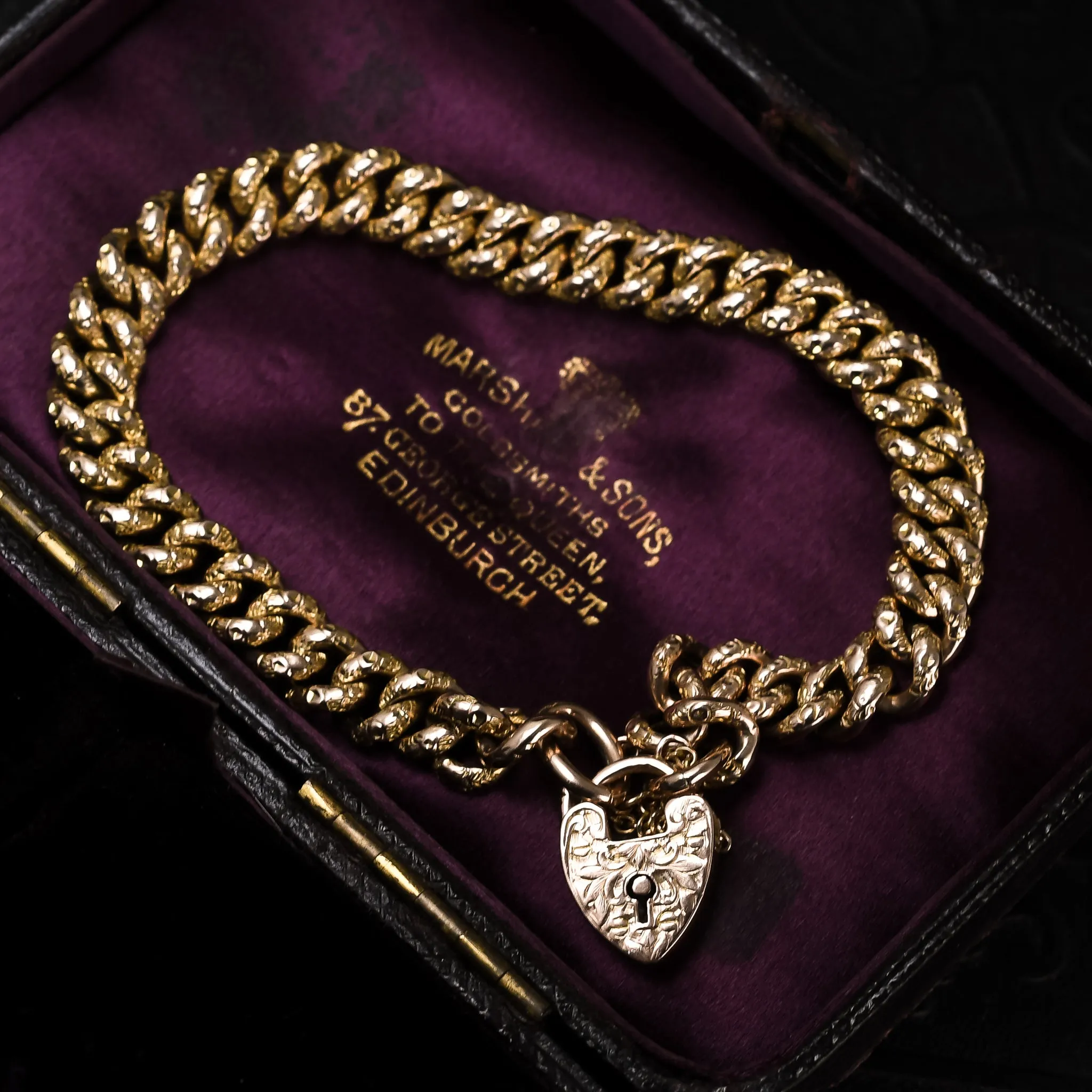 Victorian Chased Curb Link Bracelet with Heart Padlock