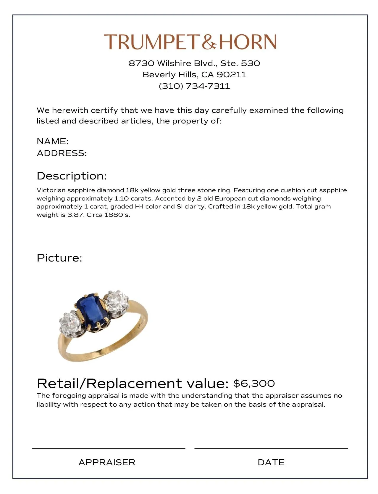 Victorian sapphire diamond 18k yellow gold 3 stone ring