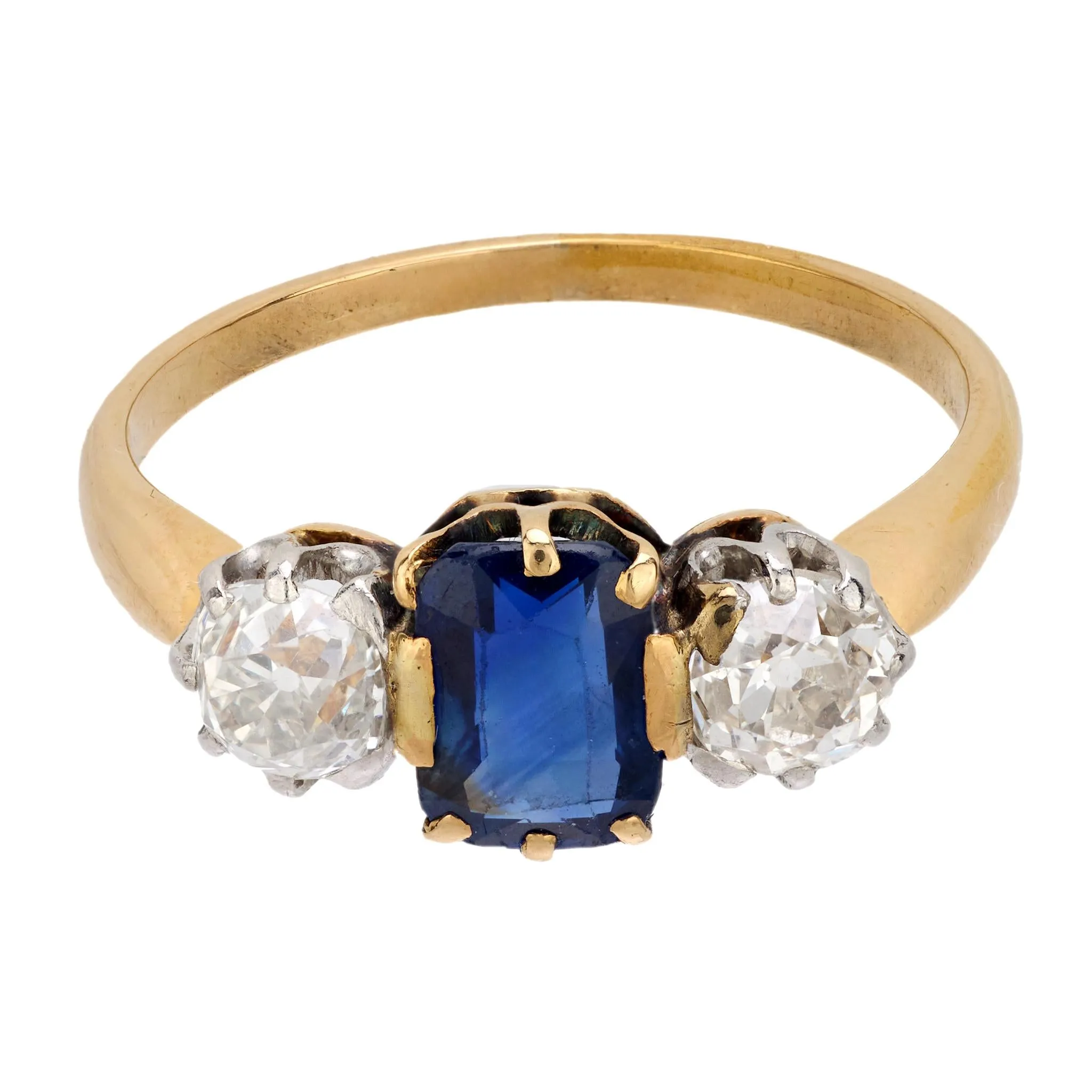Victorian sapphire diamond 18k yellow gold 3 stone ring