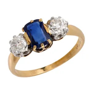 Victorian sapphire diamond 18k yellow gold 3 stone ring