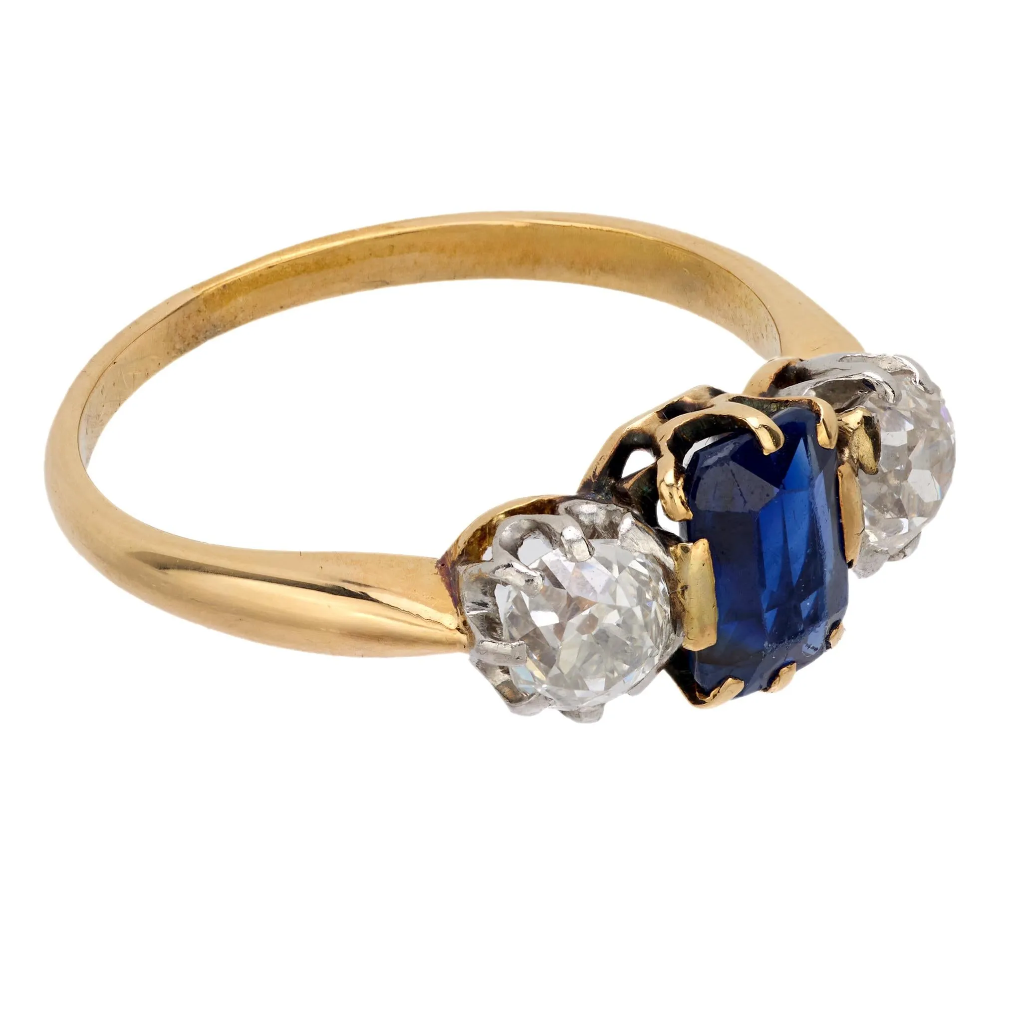 Victorian sapphire diamond 18k yellow gold 3 stone ring