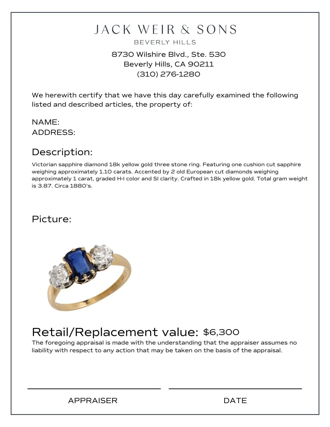 Victorian sapphire diamond 18k yellow gold 3 stone ring