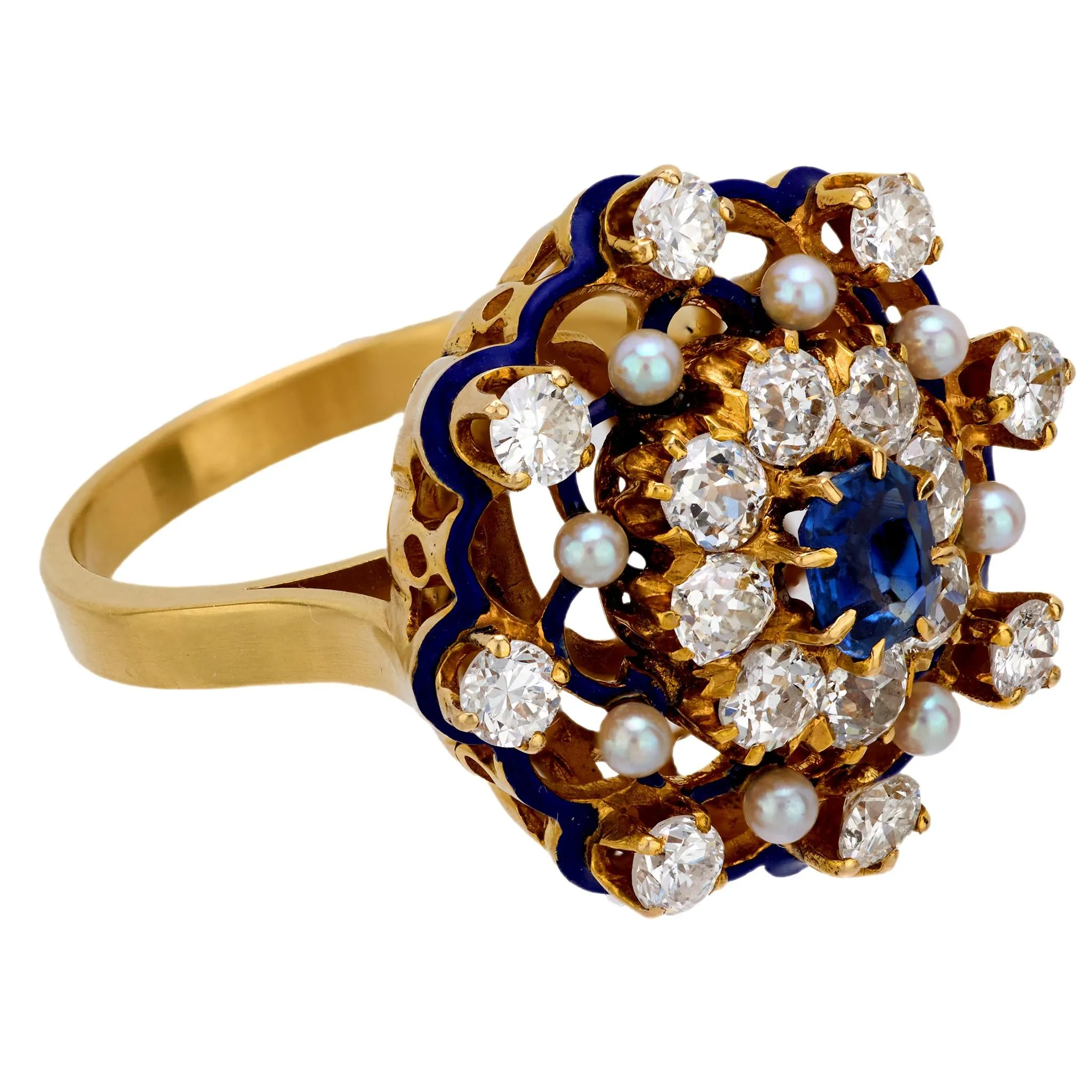 Victorian sapphire diamond seed pearl enamel 18k yellow gold cluster ring