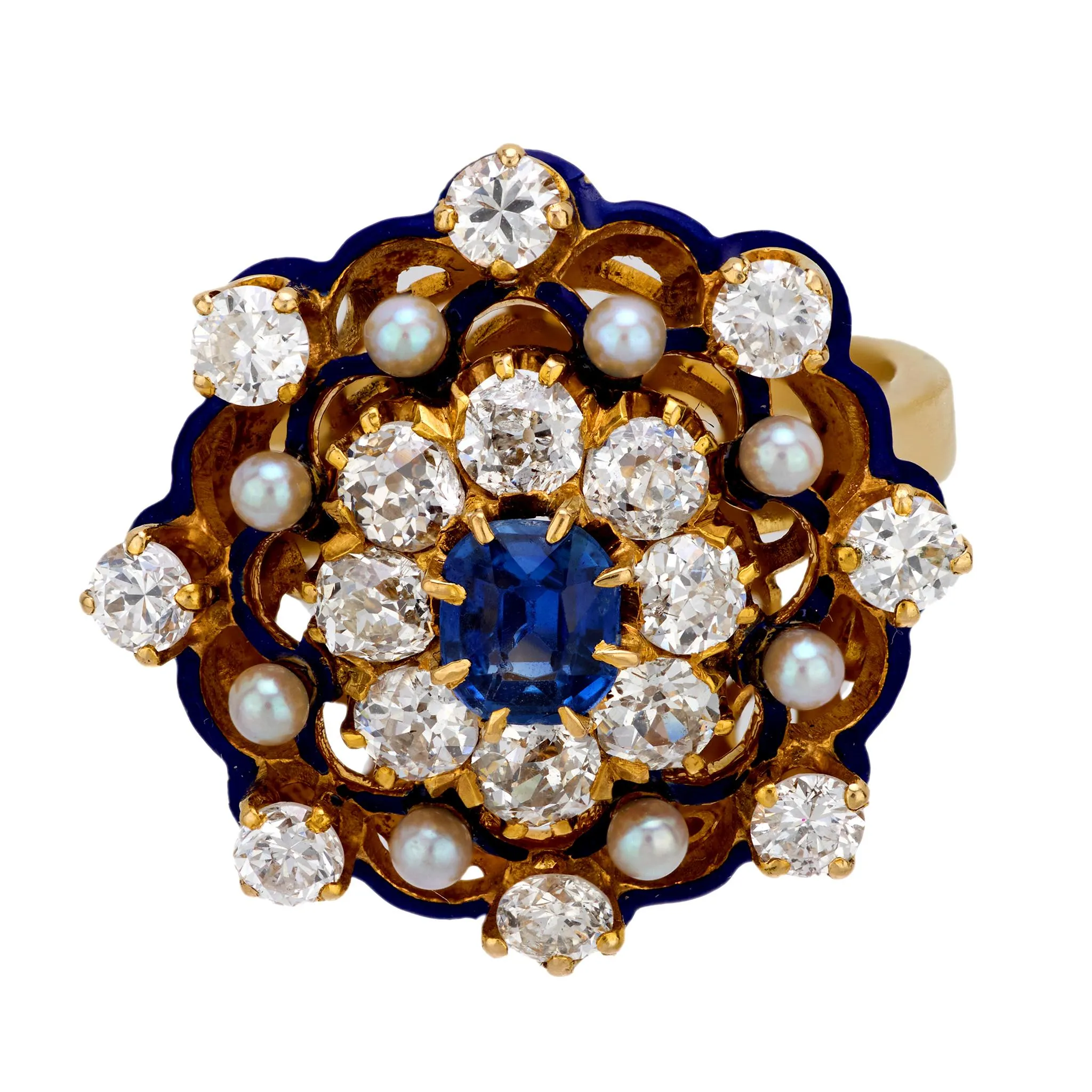 Victorian sapphire diamond seed pearl enamel 18k yellow gold cluster ring