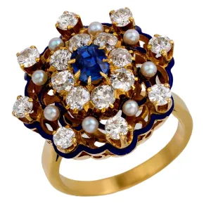 Victorian sapphire diamond seed pearl enamel 18k yellow gold cluster ring