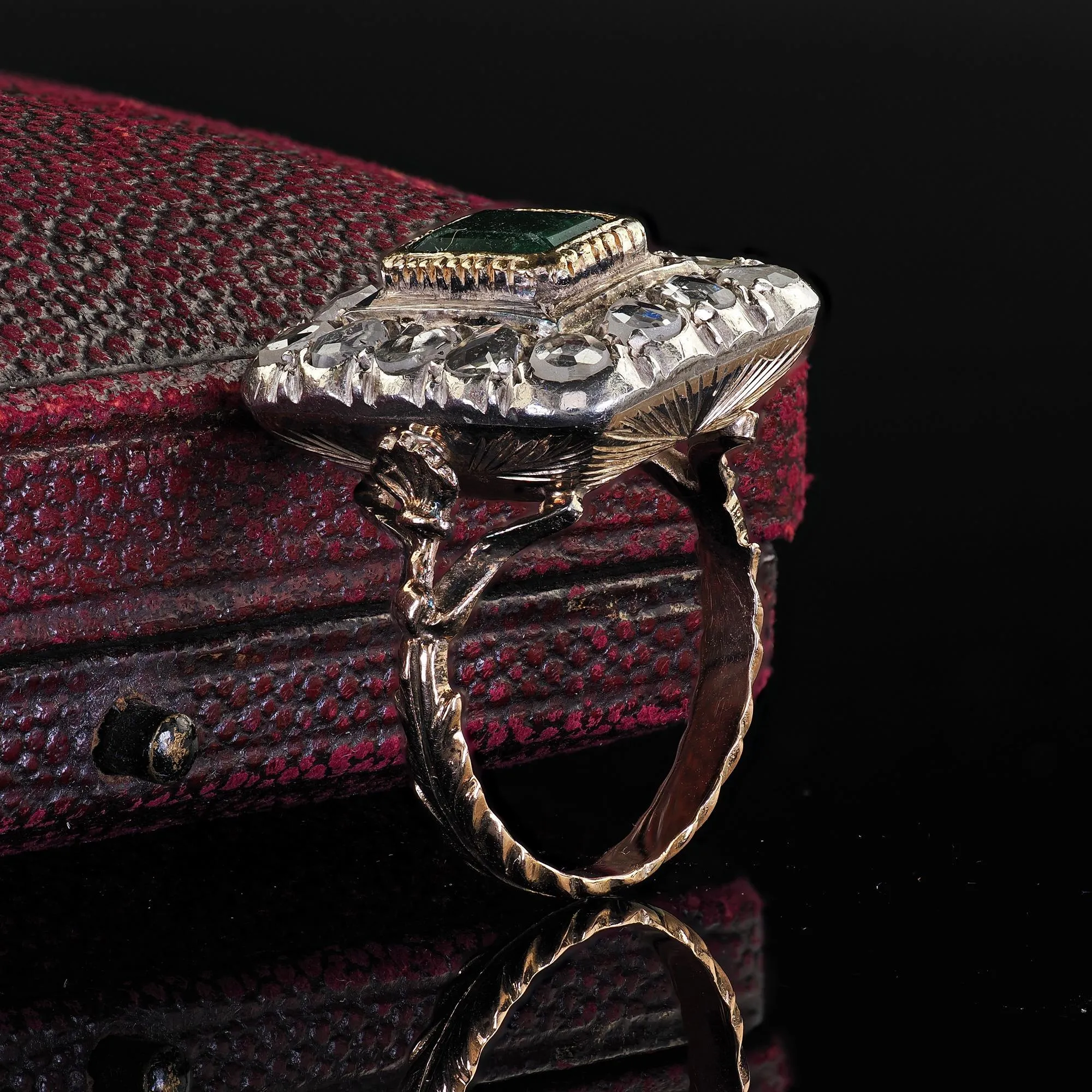 Victorian Style 12K Yellow Gold Rose Cut Diamond and Emerald Cocktail Ring