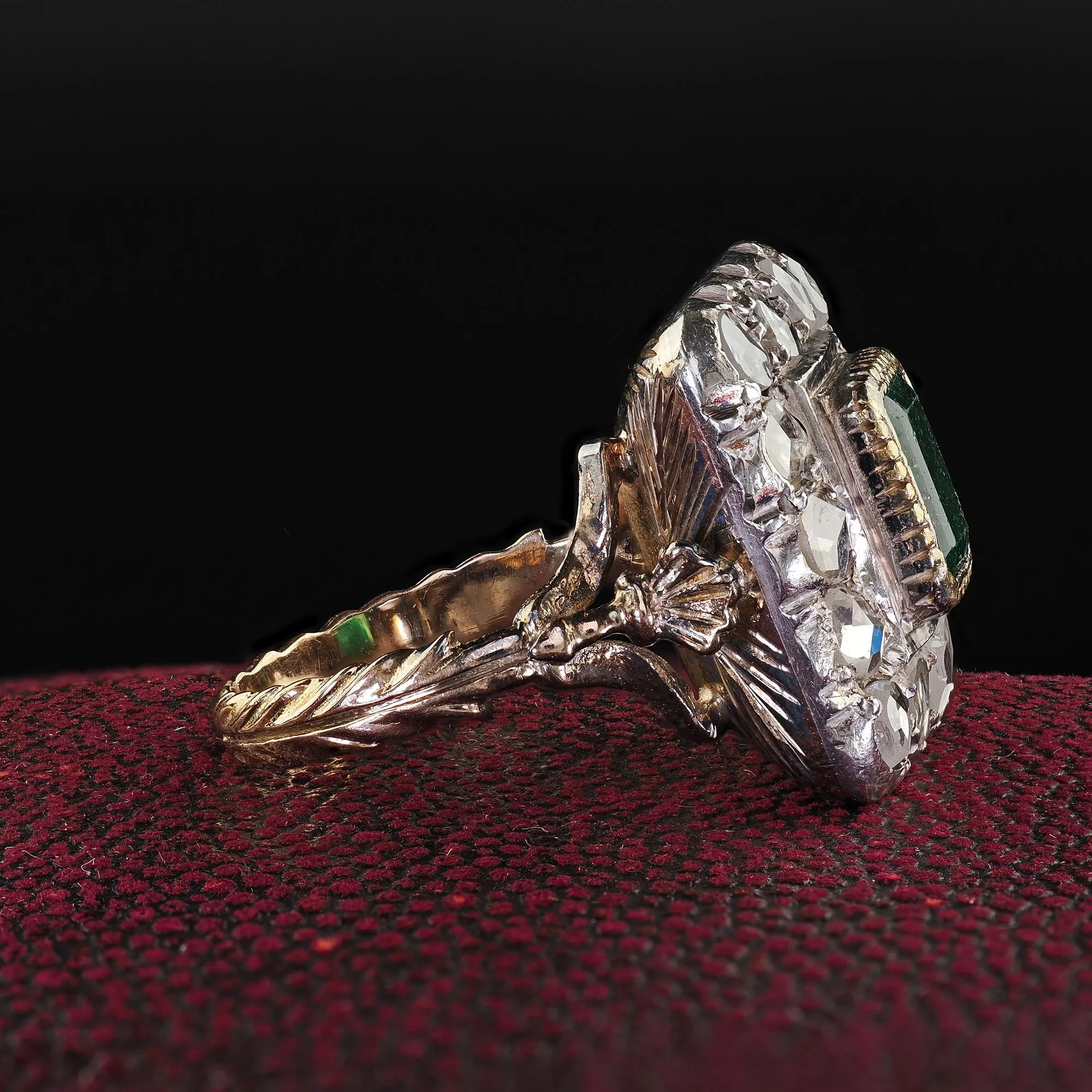 Victorian Style 12K Yellow Gold Rose Cut Diamond and Emerald Cocktail Ring