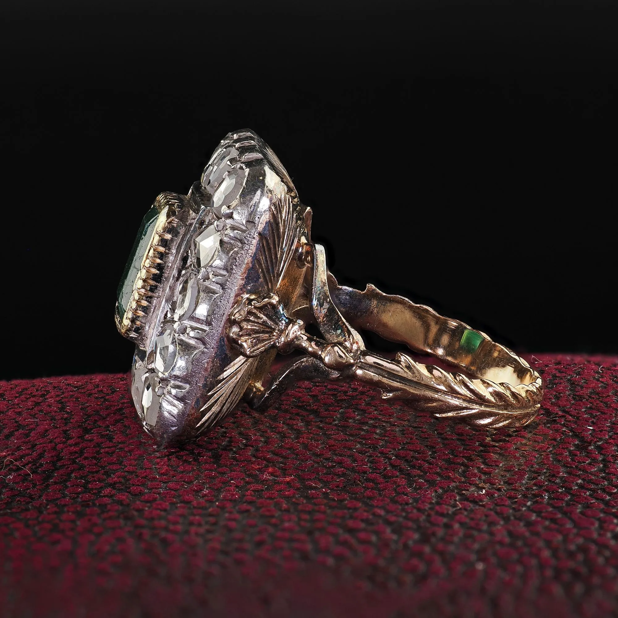 Victorian Style 12K Yellow Gold Rose Cut Diamond and Emerald Cocktail Ring